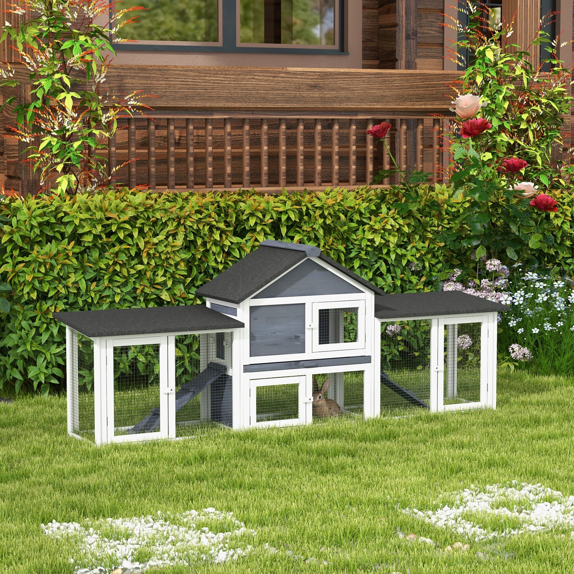 Outdoor Rabbit House 83" 2 Story Deluxe XL Wooden Rabbit Hutch, Big Bunny Cage w/ Ladder and Run, Dark Gray - Dark Gray - Image 2