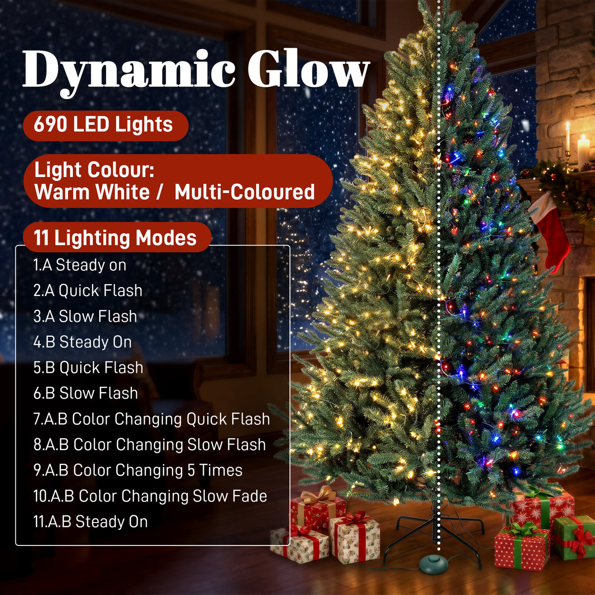 7.5ft Prelit Christmas Tree, Colorado Blue Spruce, Easy Plug, Hinged Xmas Tree with Warm White & Multi-Color LED Lights