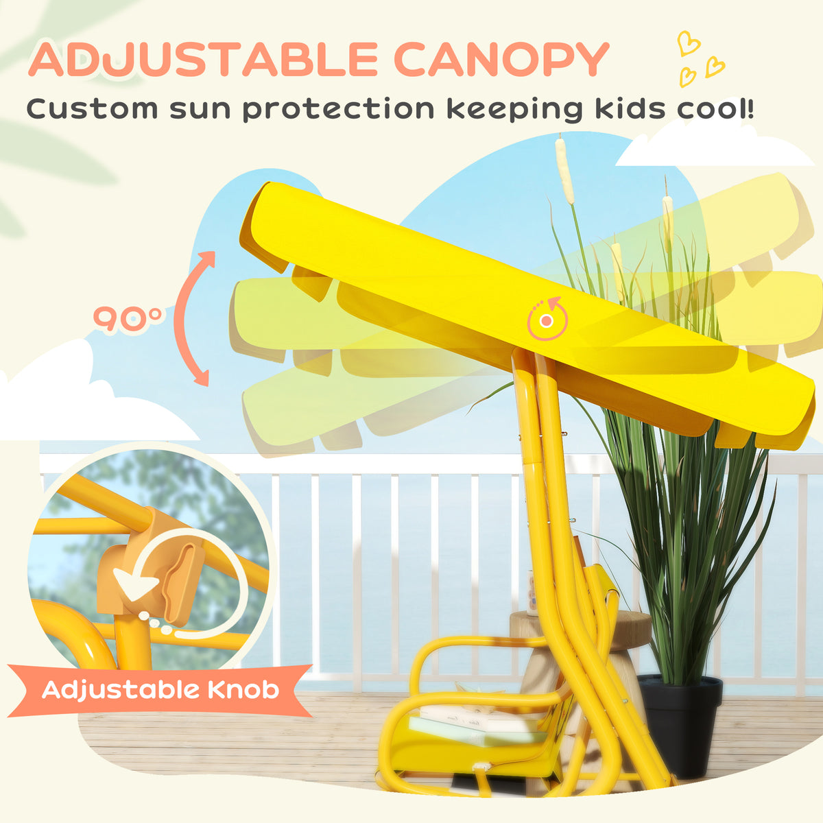 Qaba Kids Patio Swing Chair with Adjustable Canopy, Safety Belt for Patio, Garden, Poolside, Balcony, Yellow