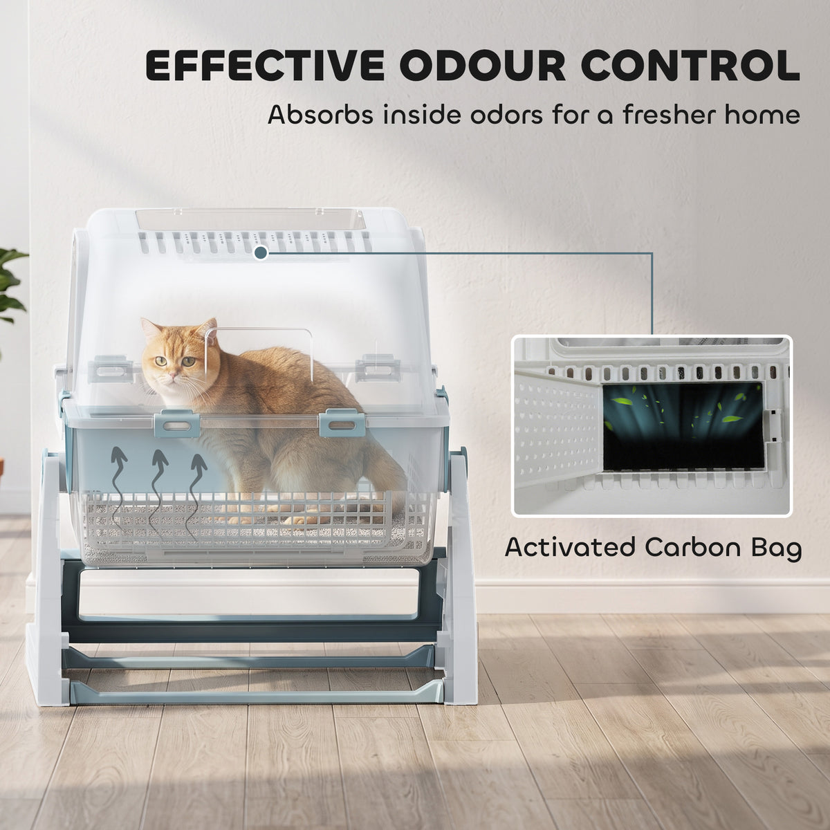 Semi-Automatic Quick Cleaning Cat Litter Box with Lid, Enclosed Cat Litter Box, Flip-to-Clean, Light Blue