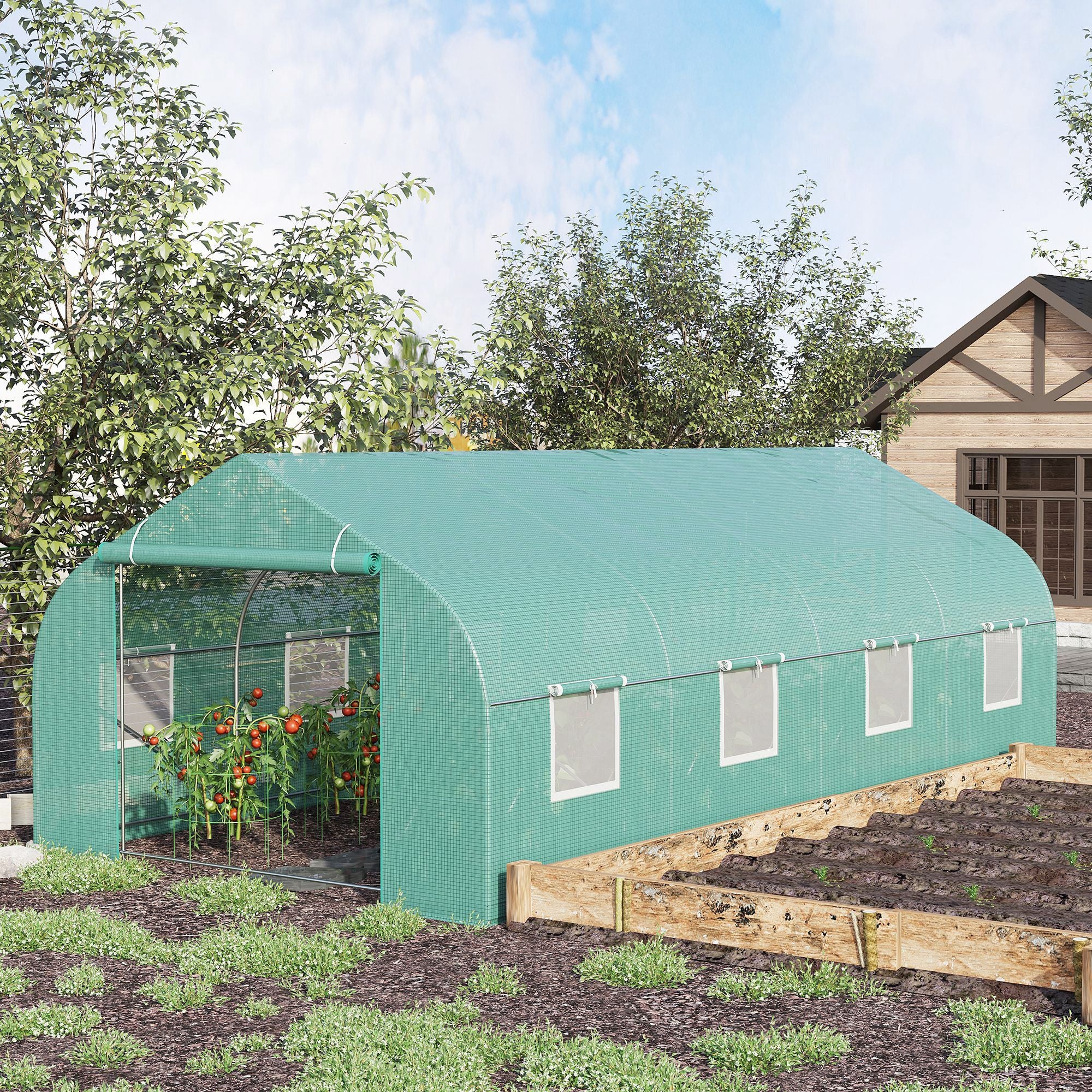 20' x 10' x 7' Outdoor Walk-in Greenhouse, Tunnel Green House with Roll-up Windows, Zippered Door, PE Cover, Heavy Duty Steel Frame, Green - Green - Image 2