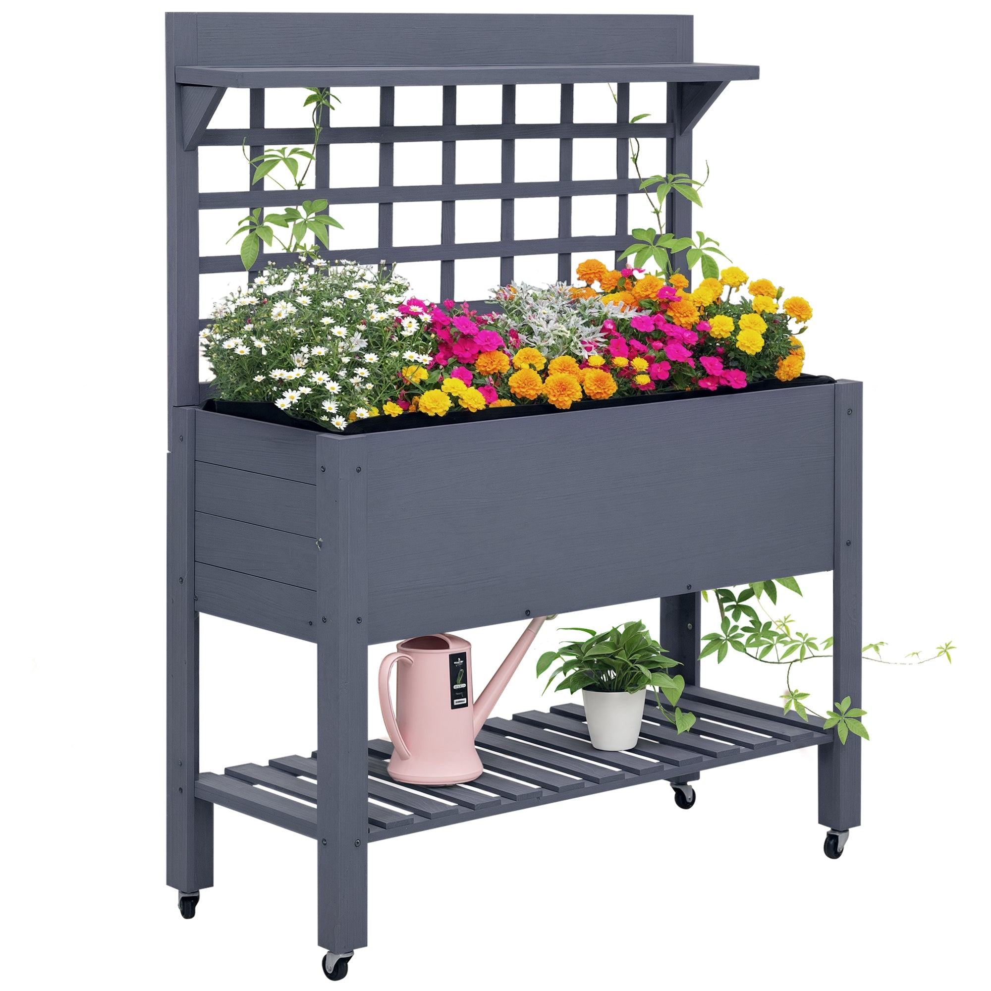 41" Raised Garden Bed Mobile Elevated Wooden Planter Box Stand with Wheels, Trellis and Storage Shelf, Gray - Gray