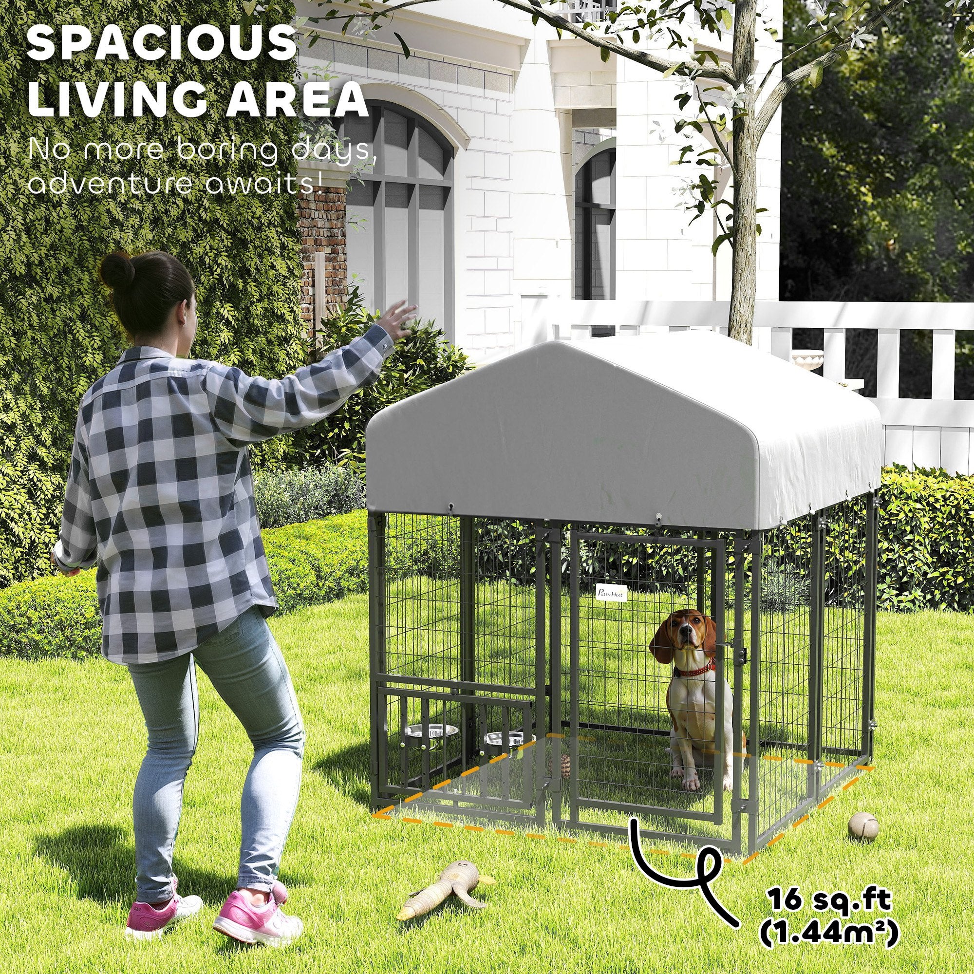 Welded Wire Outdoor Dog Kennel with 360° Rotating & 4 Levels Adjustable Bowls, Waterproof Cover, 3.9' x 3.9' x 4.5' - Silver - Image 4