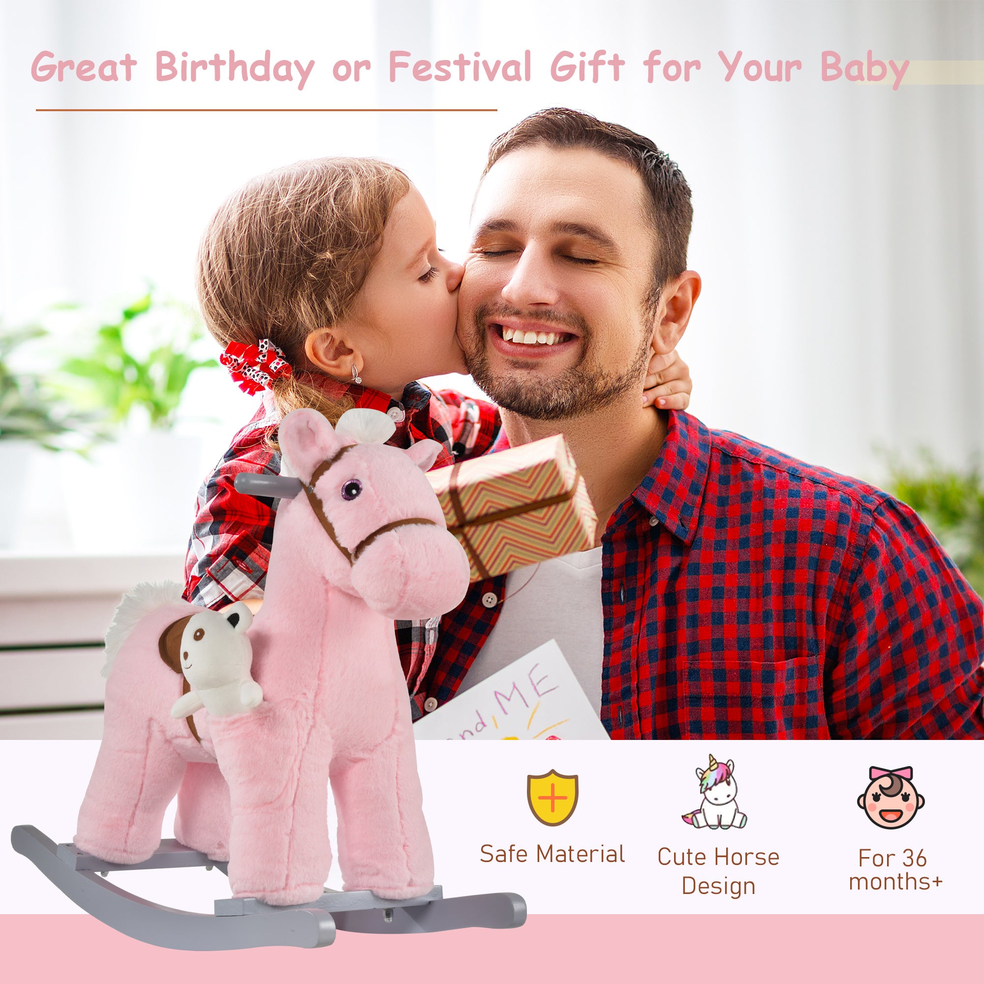Kids Rocking Horse with Bear Toy, Plush Animal Rocker with Fun Realistic Sounds for Toddler 18-36 Months, Pink