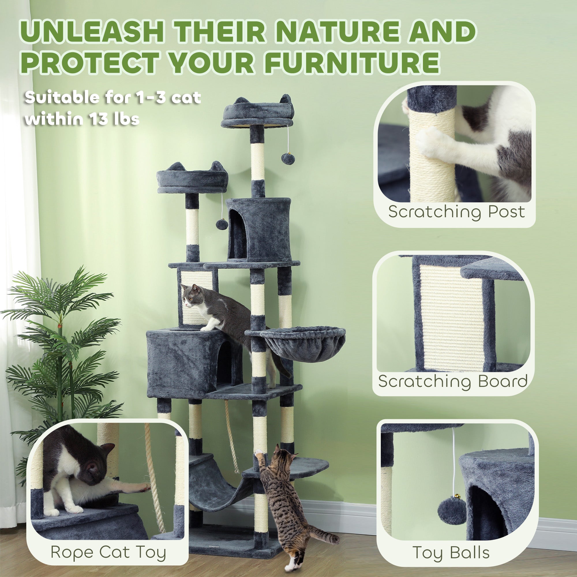 81" Cat Tree w/ Cat Scratching Posts, Scratching Board, Condos, Beds, Hammocks, Toy Balls, Rope Cat Toy, Gray - Dark Gray - Image 6