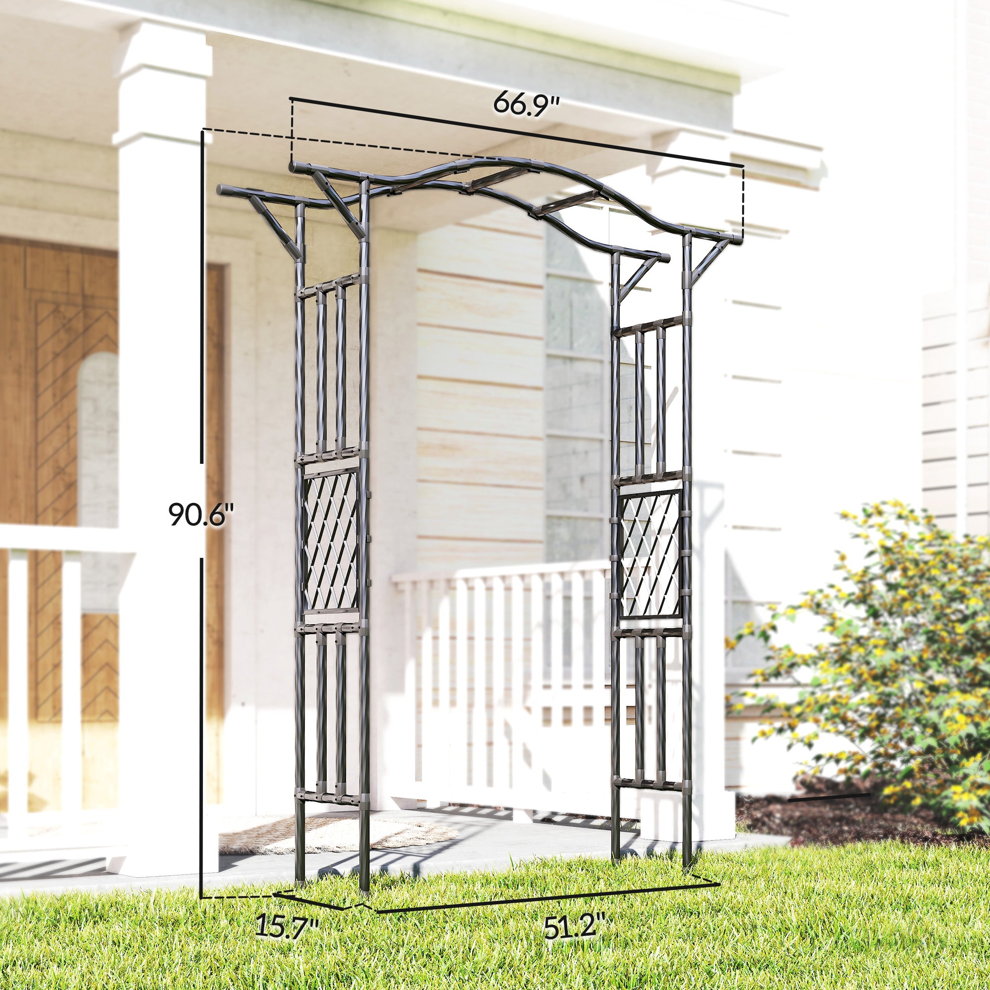 Garden Arch, PE-Coated Steel Garden Arch Trellis with Extended Top, Black - Black - Image 3