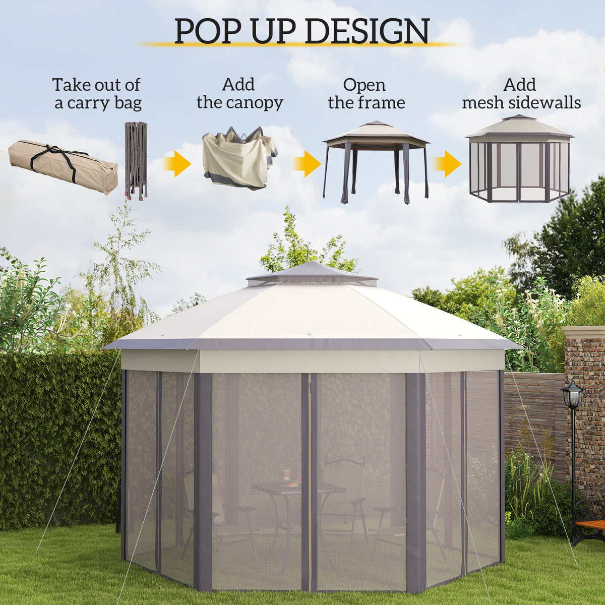 13' x 13' Pop Up Gazebo Hexagonal Canopy Shelter with 6 Zippered Mesh Netting for Patio Backyard Garden Wedding Party