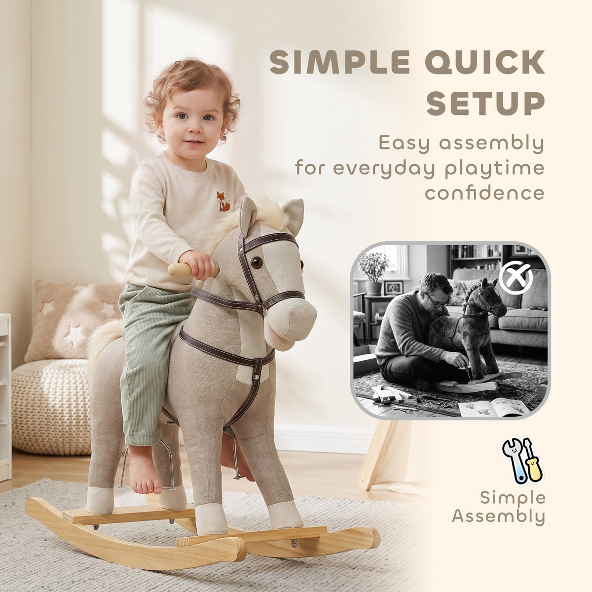 Rocking Horse, Back and Forth Rocking, Ride on Horse Toy with Sound Effects, for 12-36 Months Toddlers, Gray