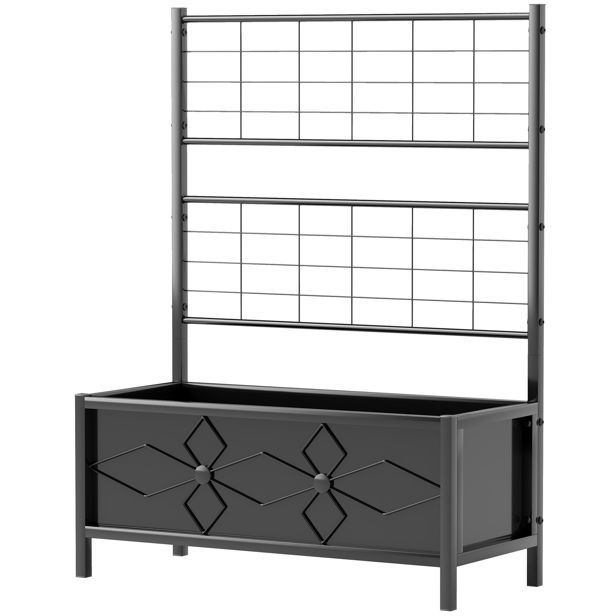 Outdoor Planter Box Galvanized Raised Garden Bed with Trellis for Climbing Vines, 35.4" x 15.7" x 47.2", Black - Black