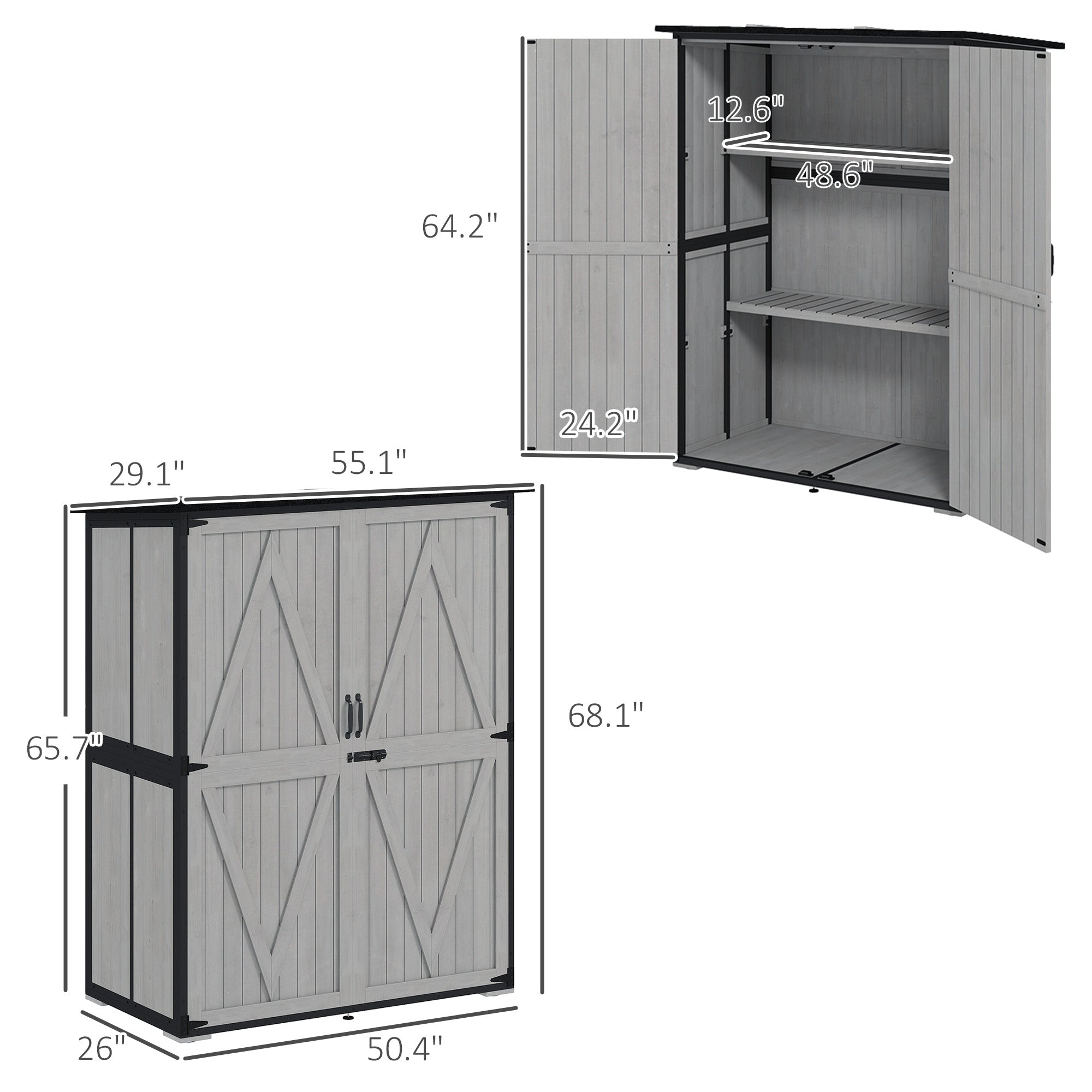 Wood Storage Shed, Outdoor Garden Shed with Asphalt Roof, 2 Shelves, Lockable Doors and Adjustable Feet, Gray - Gray - Image 3