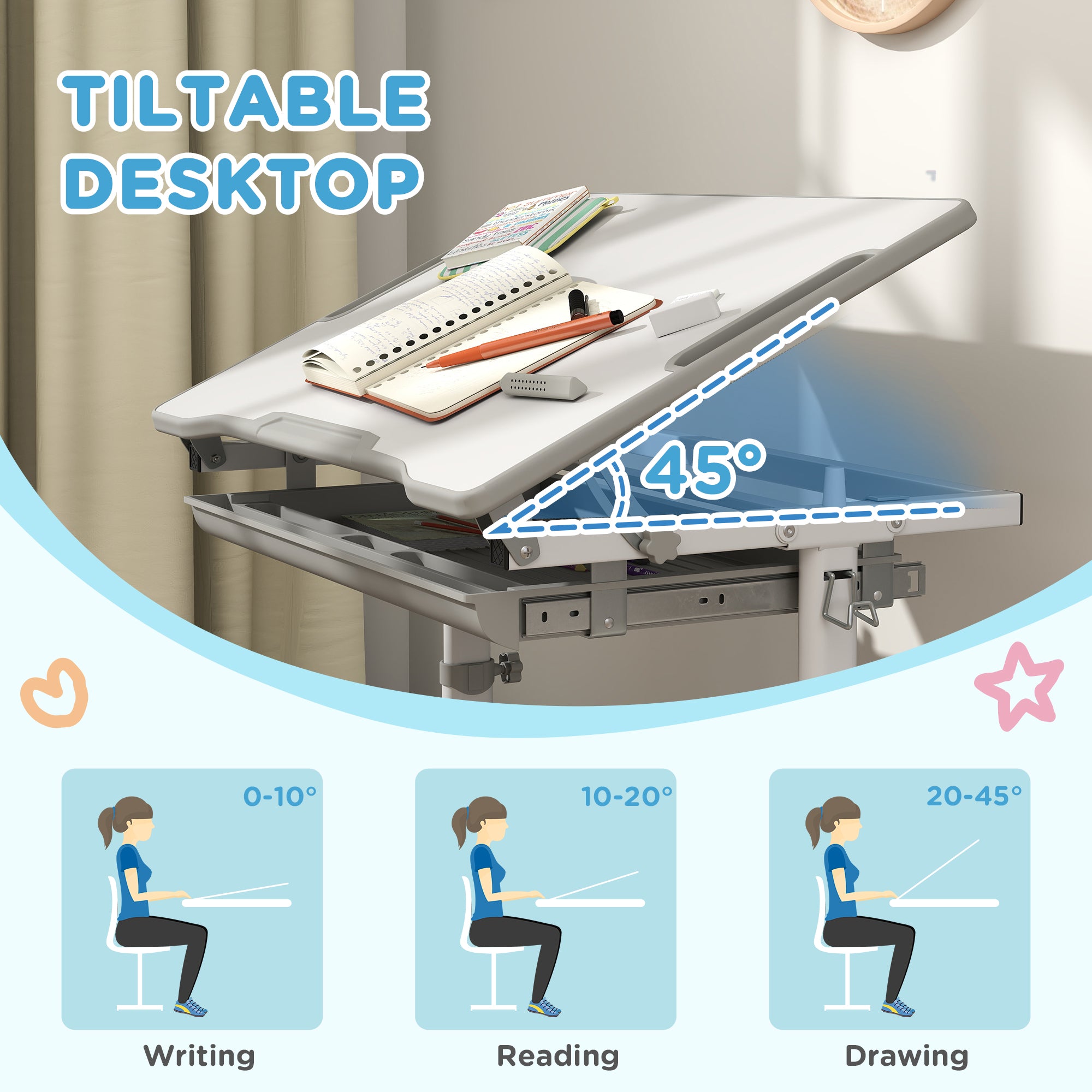 Height Adjustable Kids Desk and Chairs Set with Tilt Desktop, Storage Drawer, Pen Slot, Hook, Gray