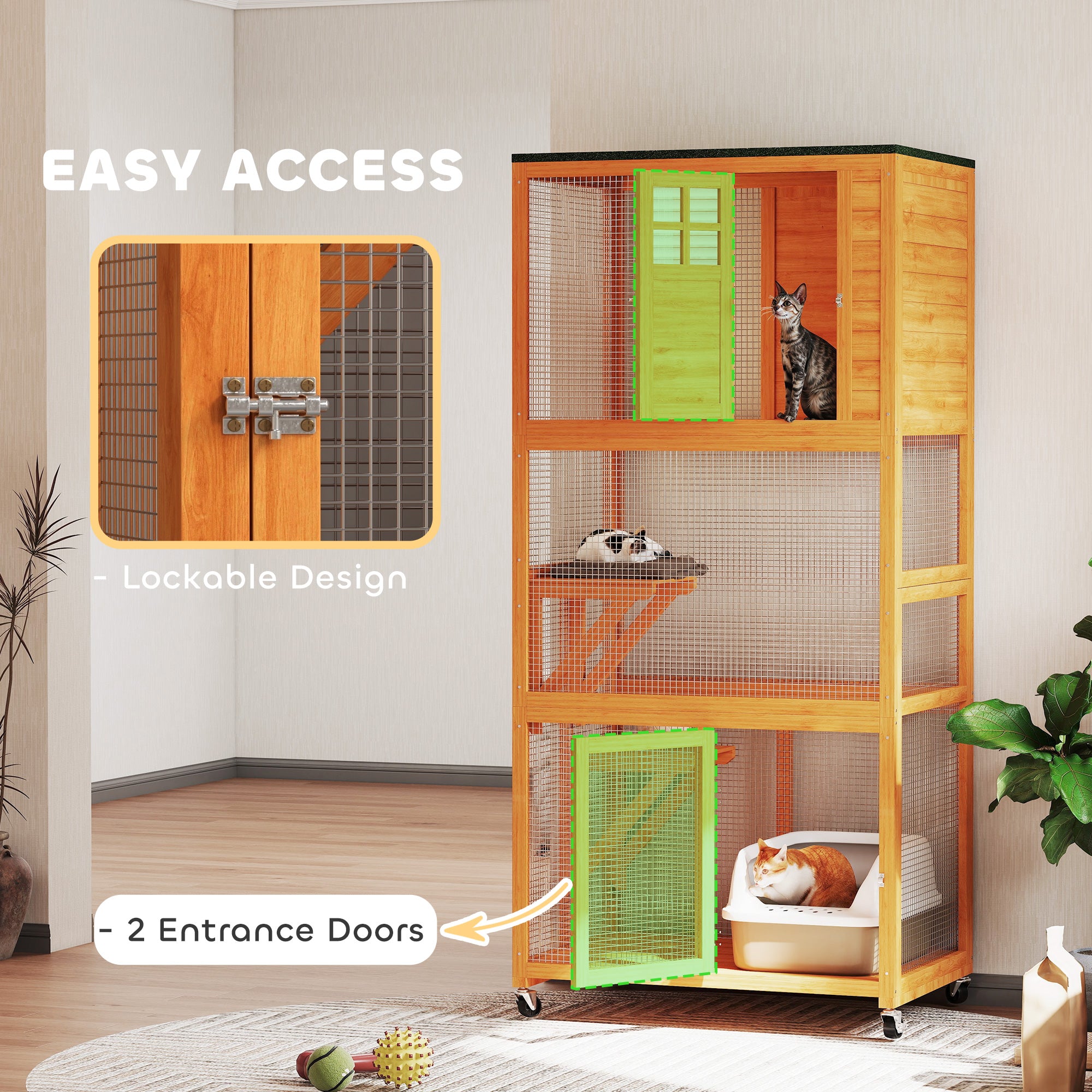 74" Wooden Outdoor Cat House Catio Outdoor Cat Enclosure, Orange - Orange - Image 7