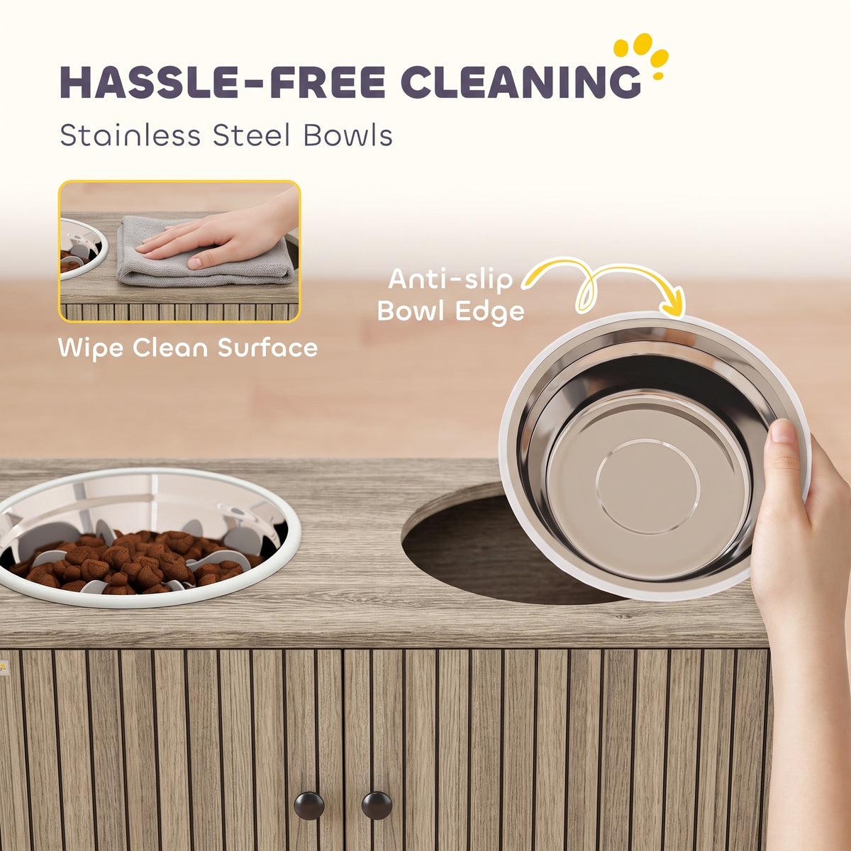 Elevated Dog Bowls with Storage Cabinet, 2 Stainless Steel Bowls, Slow Feeder, Dog Feeding Station for Large Dogs, Brown Wood Grain