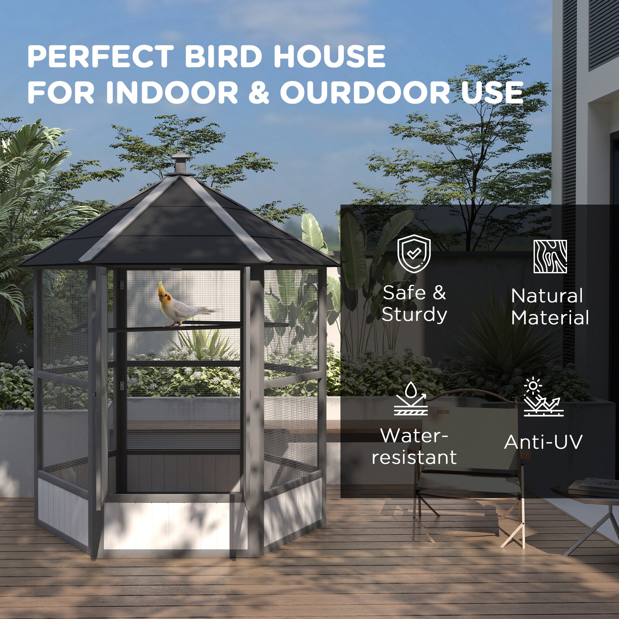69" Wooden Hexagonal Outdoor Aviary Flight Bird Cage With Covered Roof, Light Gray - Light Gray - Image 6