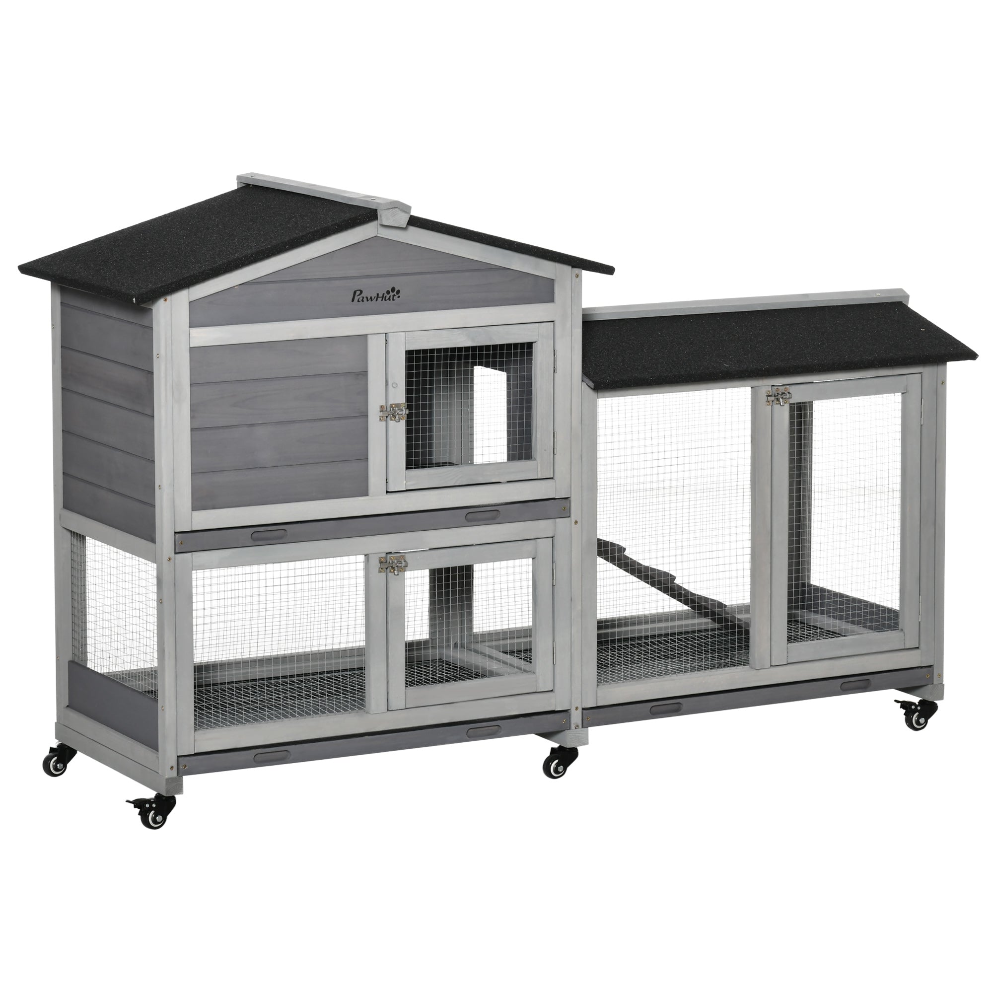 62" Wooden Mobile Rabbit Hutch with Wheels, Run Box, Slide-out Tray, Ramp - Light Grey