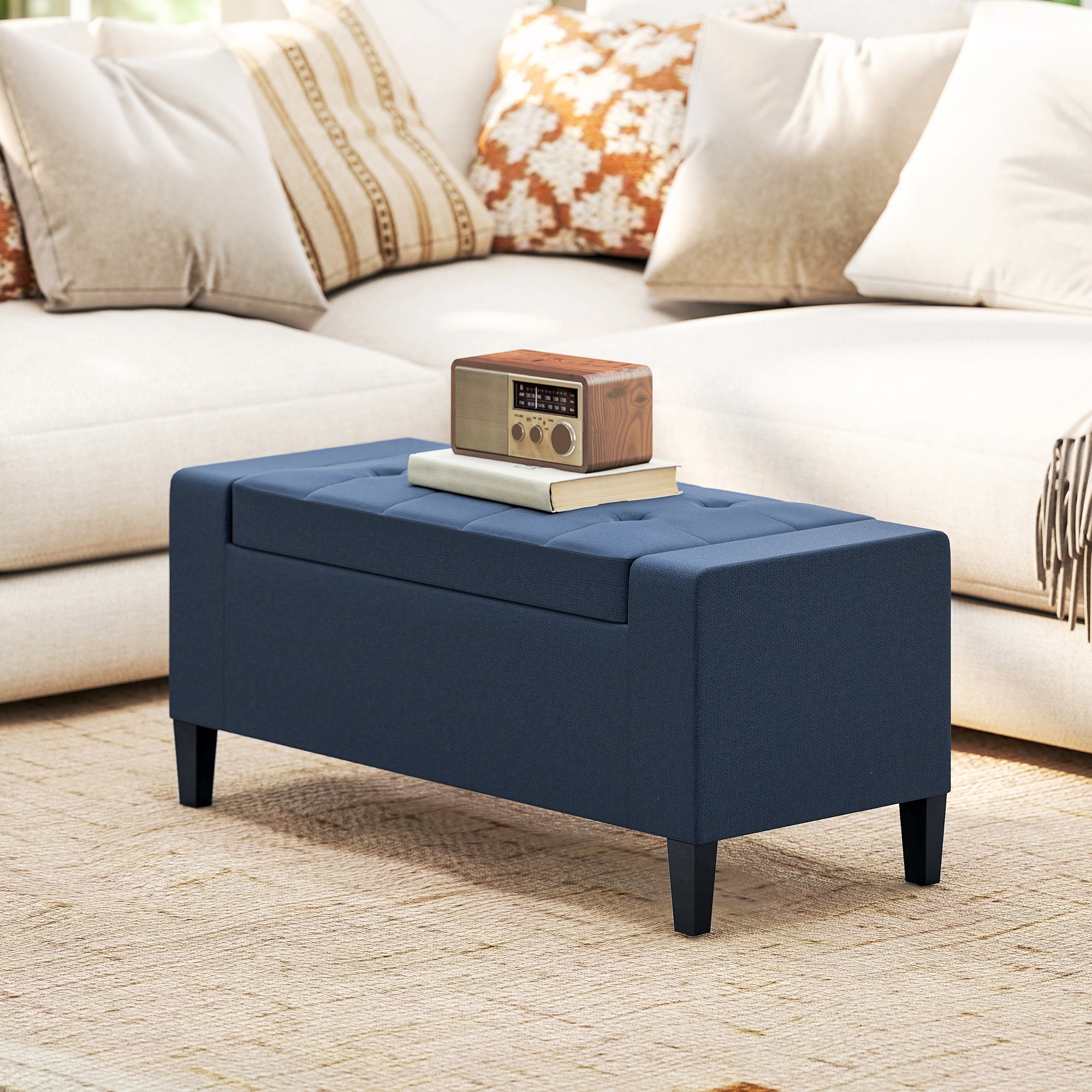 Upholstered Storage Ottoman Bench, Button Tufted Ottoman with Hidden Storage, Lift Top for Living Room, Dark Blue