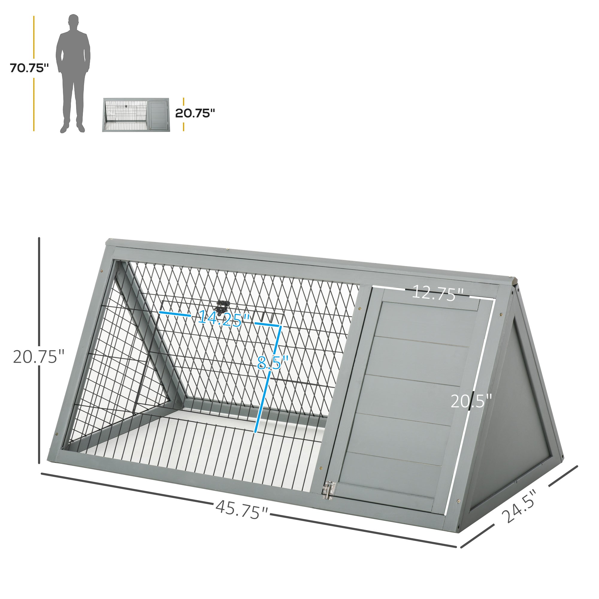 46" x 24" Wooden A-Frame Outdoor Rabbit Hutch, Small Animal Cage, Bunny Hutch with Outside Run & Ventilating Wire, for Rabbits, Chickens, Ducks, Gray - Grey - Image 3