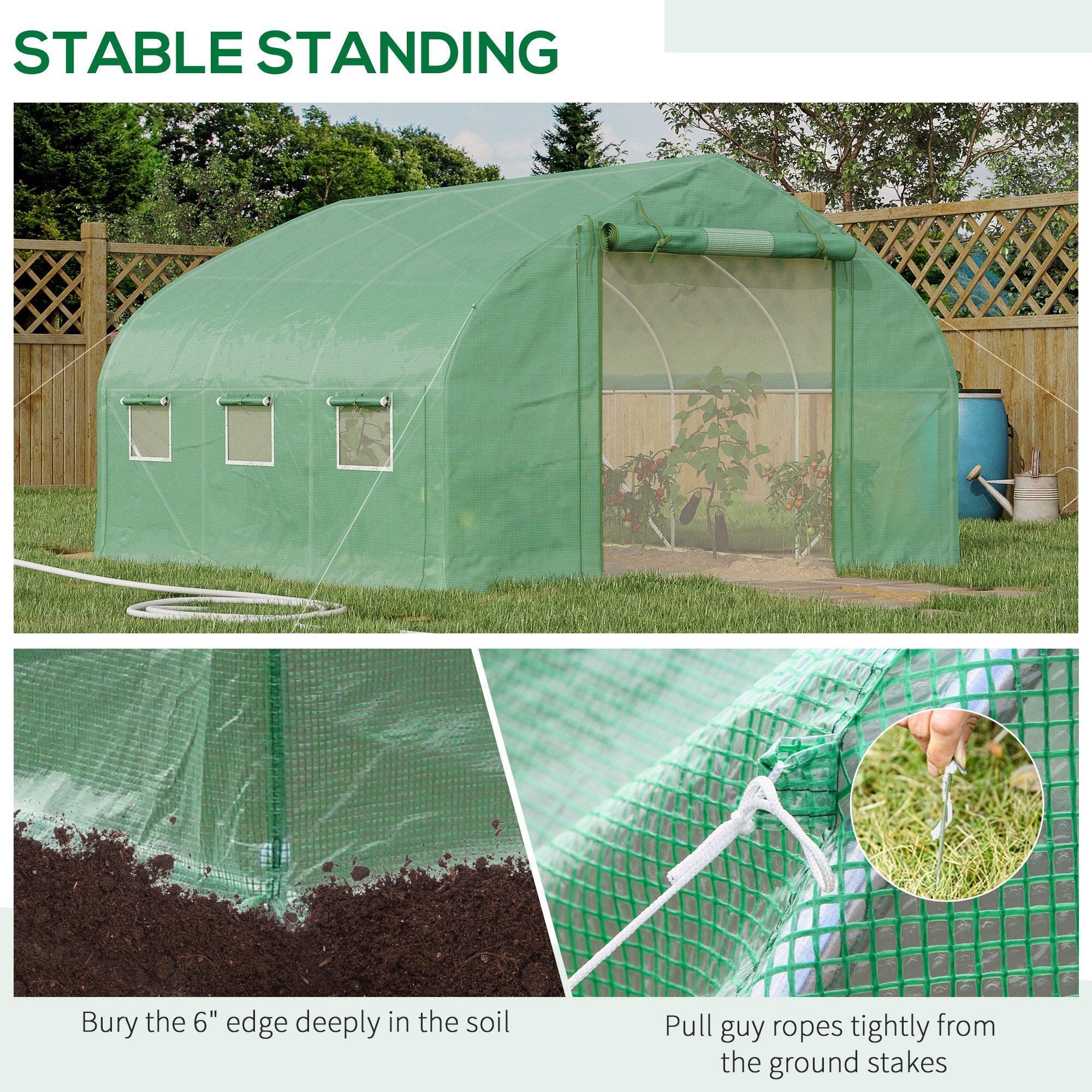 11.5' x 10' x 6.5' Walk-in Tunnel Greenhouse, Green House with Zippered Mesh Door, 7 Mesh Windows & Roll-up Sidewalls, Upgraded Gardening Plant Hot House with Galvanized Steel Hoops, Green - Green - Image 7