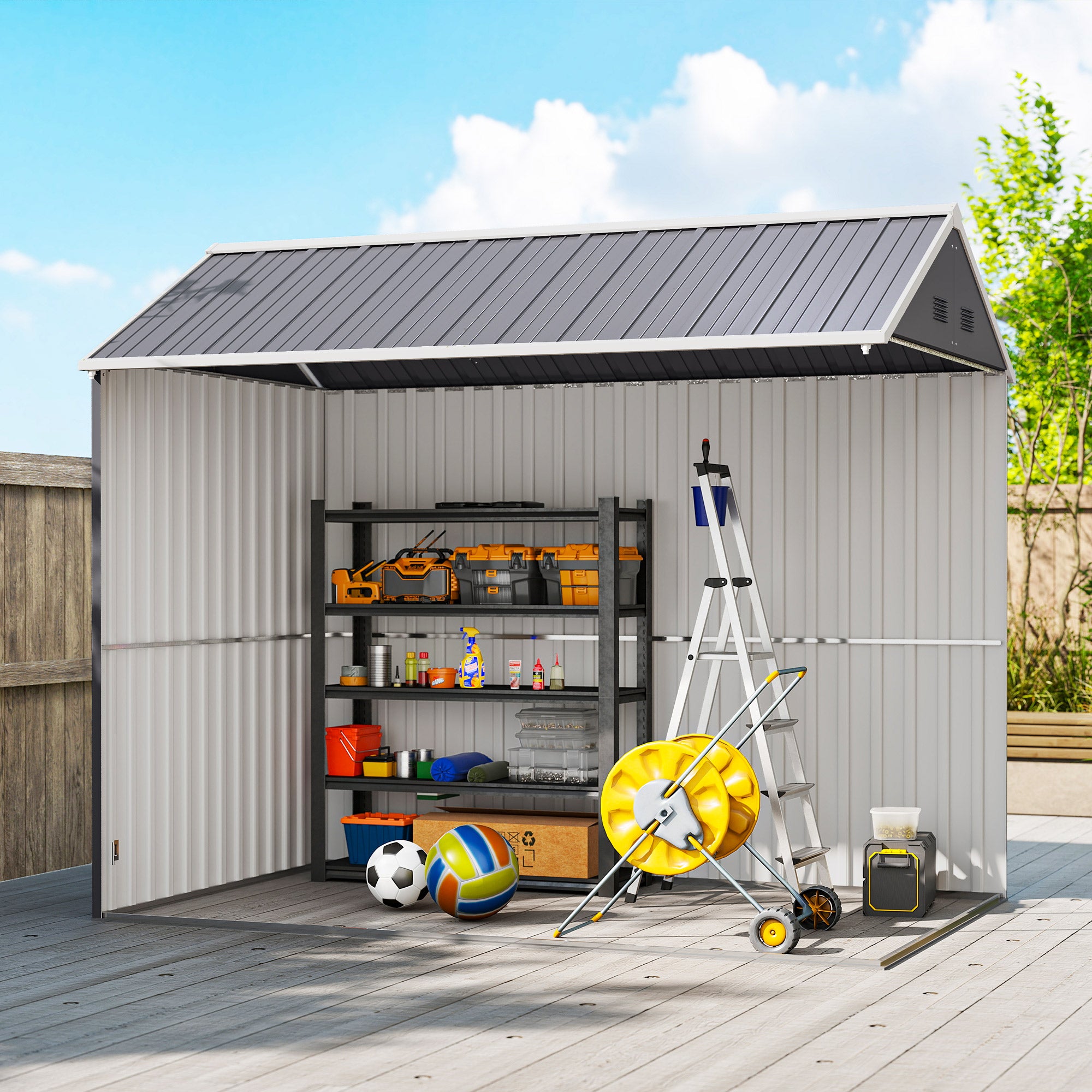 8' x 5.5' Metal Garden Storage Shed, Extra Large Outdoor Tool Storage House w/Lockable Doors, Window, Air Vents, Gray - Gray - Image 8