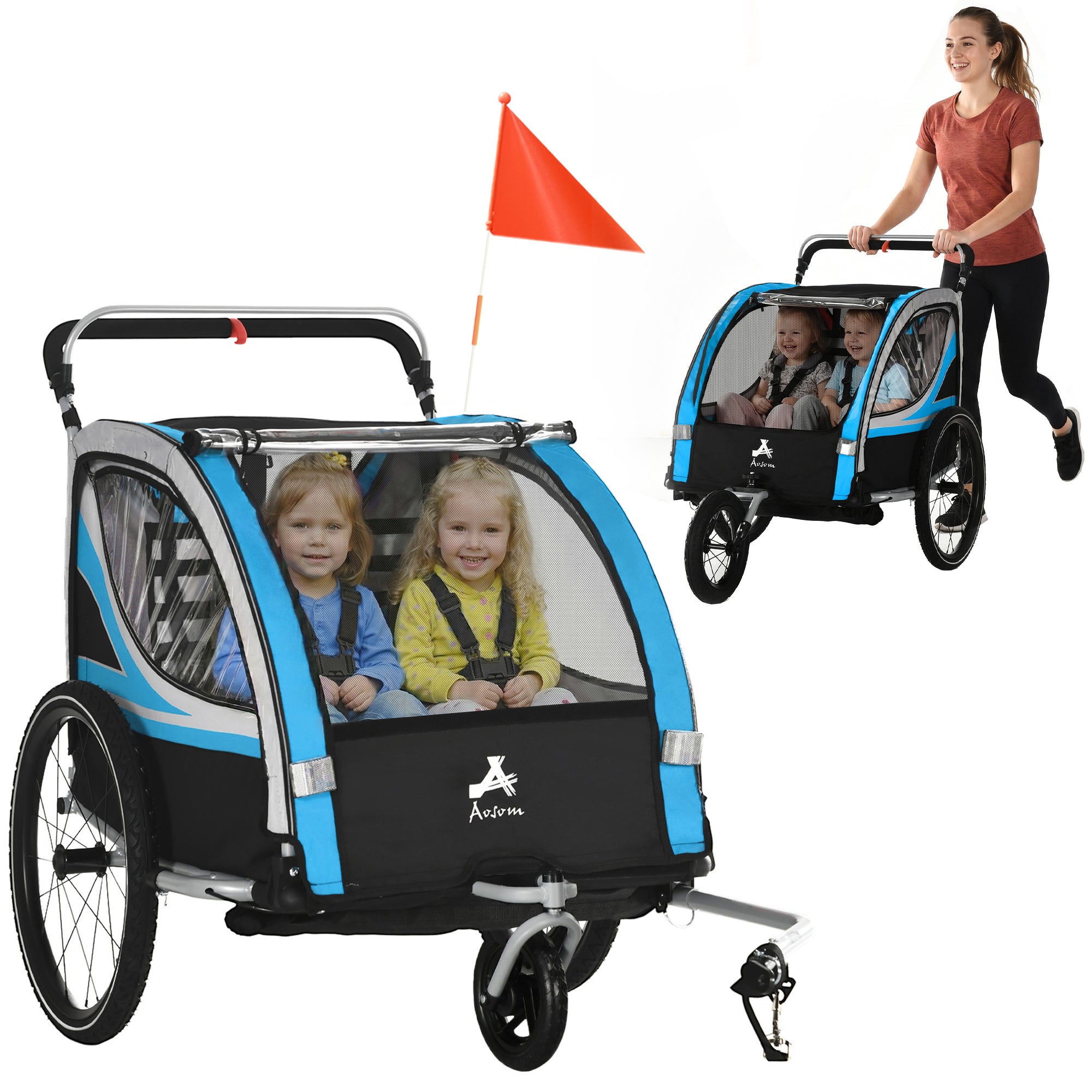 3-in-1 Bike Trailer for Kids, Running Stroller with 2 Seats, Jogging Cart with 5-Point Harness, Storage Units, Blue
