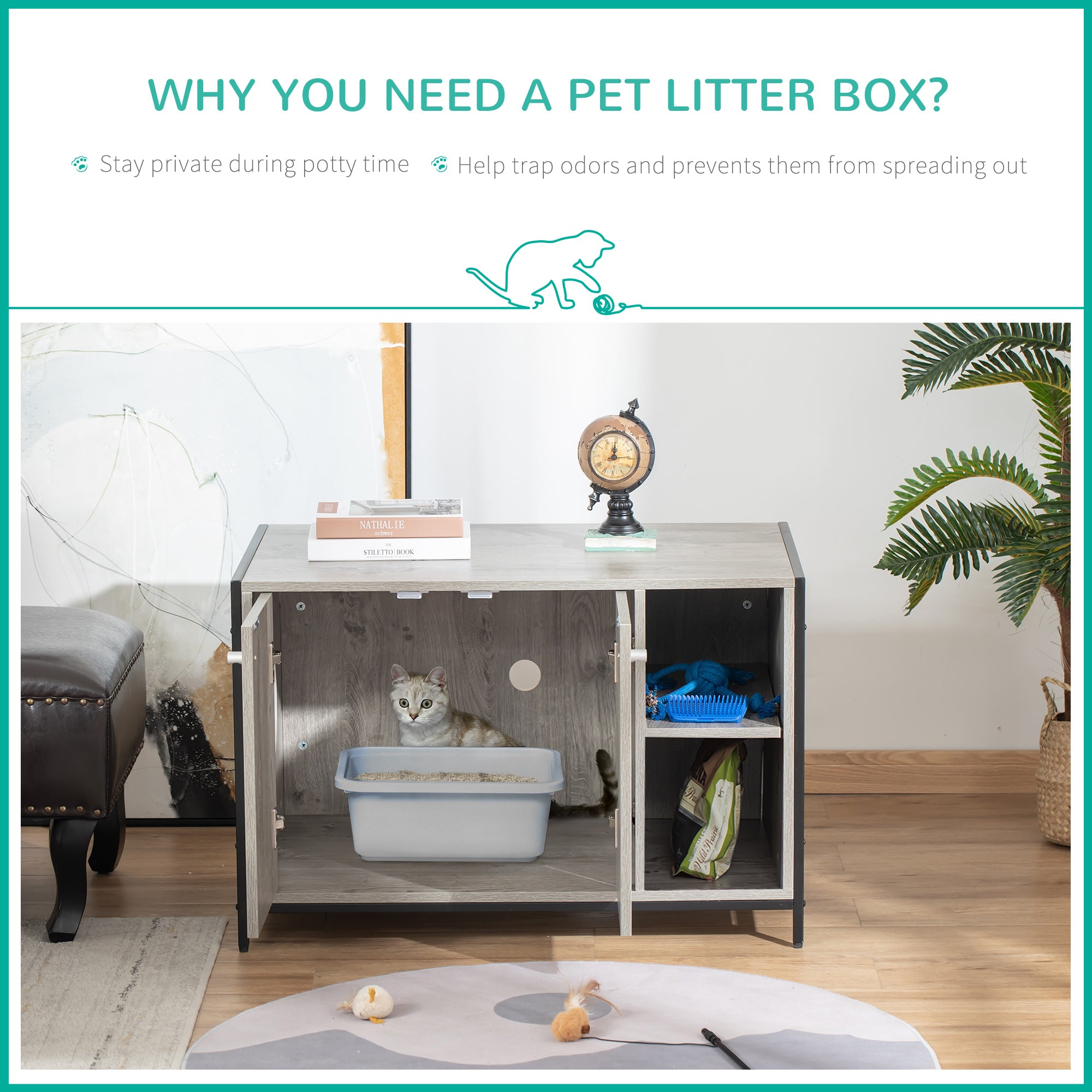 Large Wooden & Steel Cat Litter Box Enclosure, Kitten Washroom End Table, Indoor Hidden Cat House with Magnetic Doors & Storage Shelves, Gray - Grey - Image 4