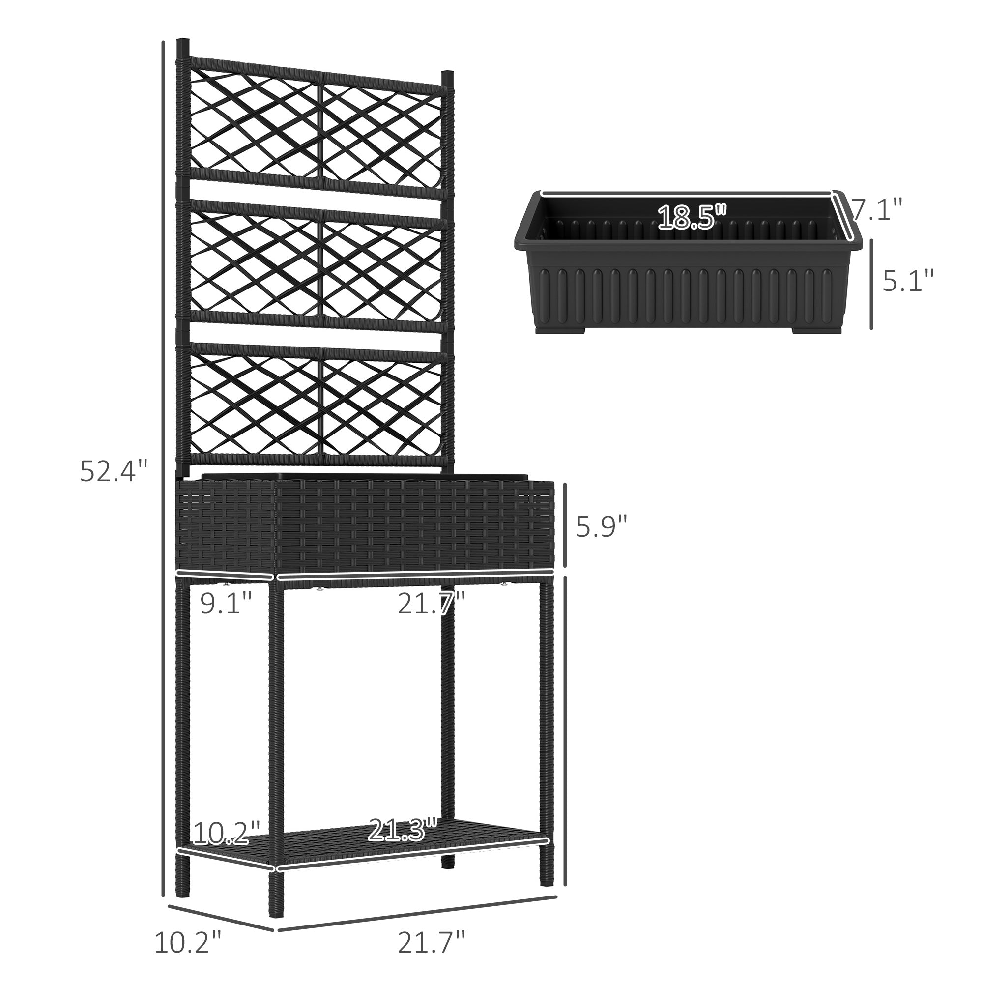 Outdoor Wicker Planter with Trellis for Climbing Plants, Freestanding Rattan Garden Box with Storage Shelf, Black - Black - Image 3