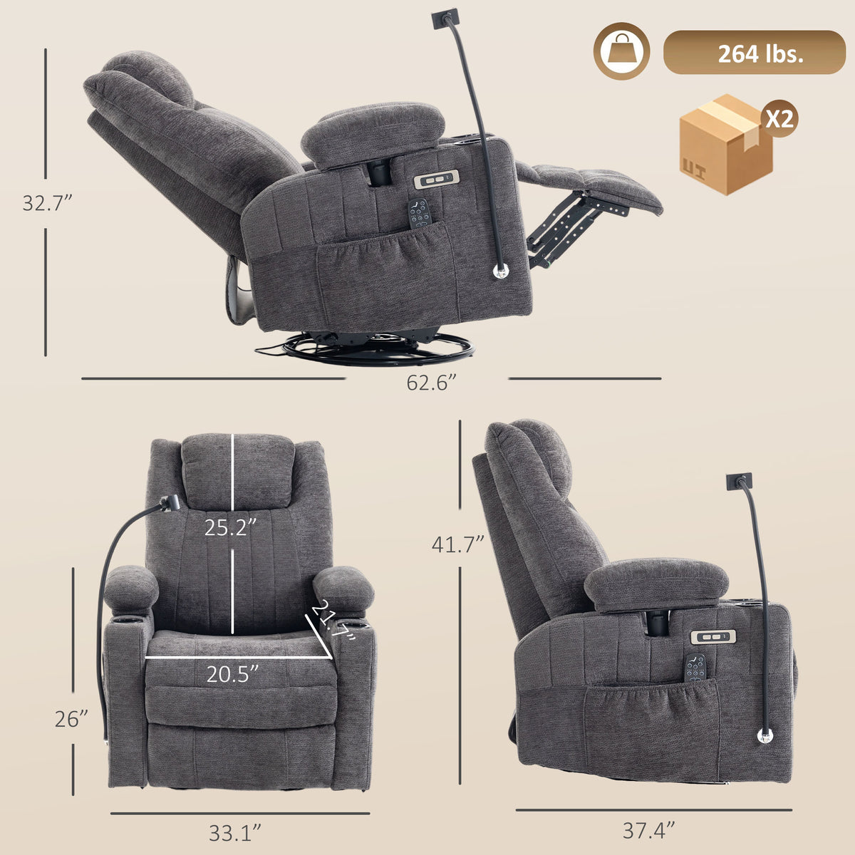 Swivel Rocker Power Recliner Chair with Massage Heat 2D Armrests Adjustable Headrest Phone Holder USB Port, Dark Gray
