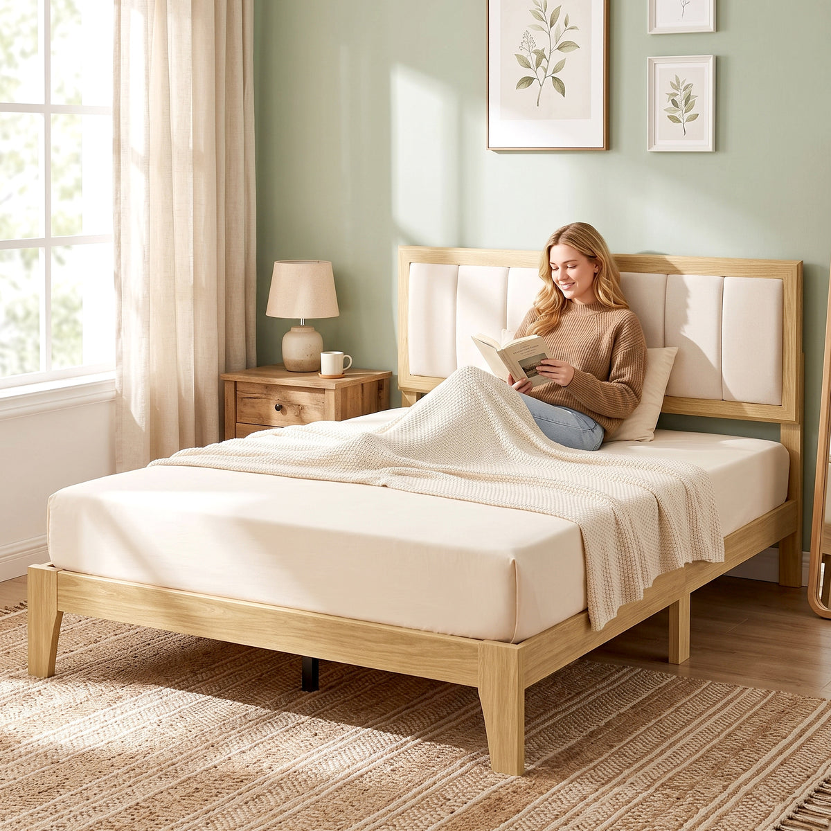 Full Bed Frame with Headboard Queen Size Platform Bed Frame with Wooden Slats No Box Spring Needed Easy Assembly Oak