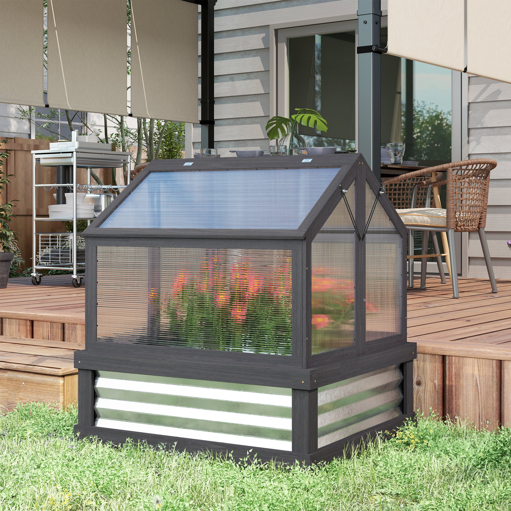 Raised Garden Flower Bed Kit with Greenhouse, Wooden Cold Frame Planter, 35.5" x 31.5" x 36", Gray - Gray - Image 2