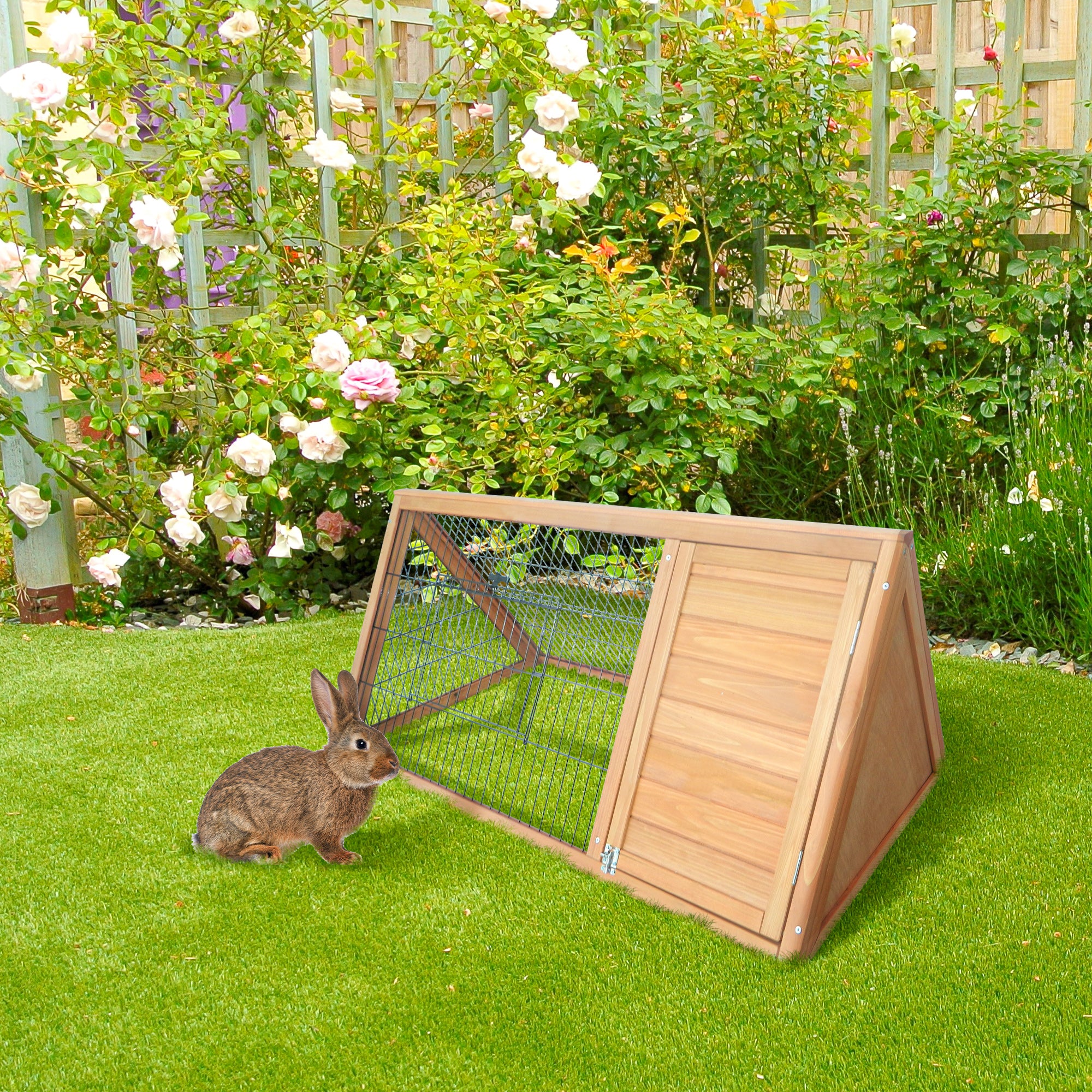 46" x 24" Wooden A-Frame Outdoor Rabbit Hutch, Small Animal Cage, Bunny Hutch with Outside Run & Ventilating Wire, for Rabbits, Chickens, Ducks, Yellow - Yellow - Image 2