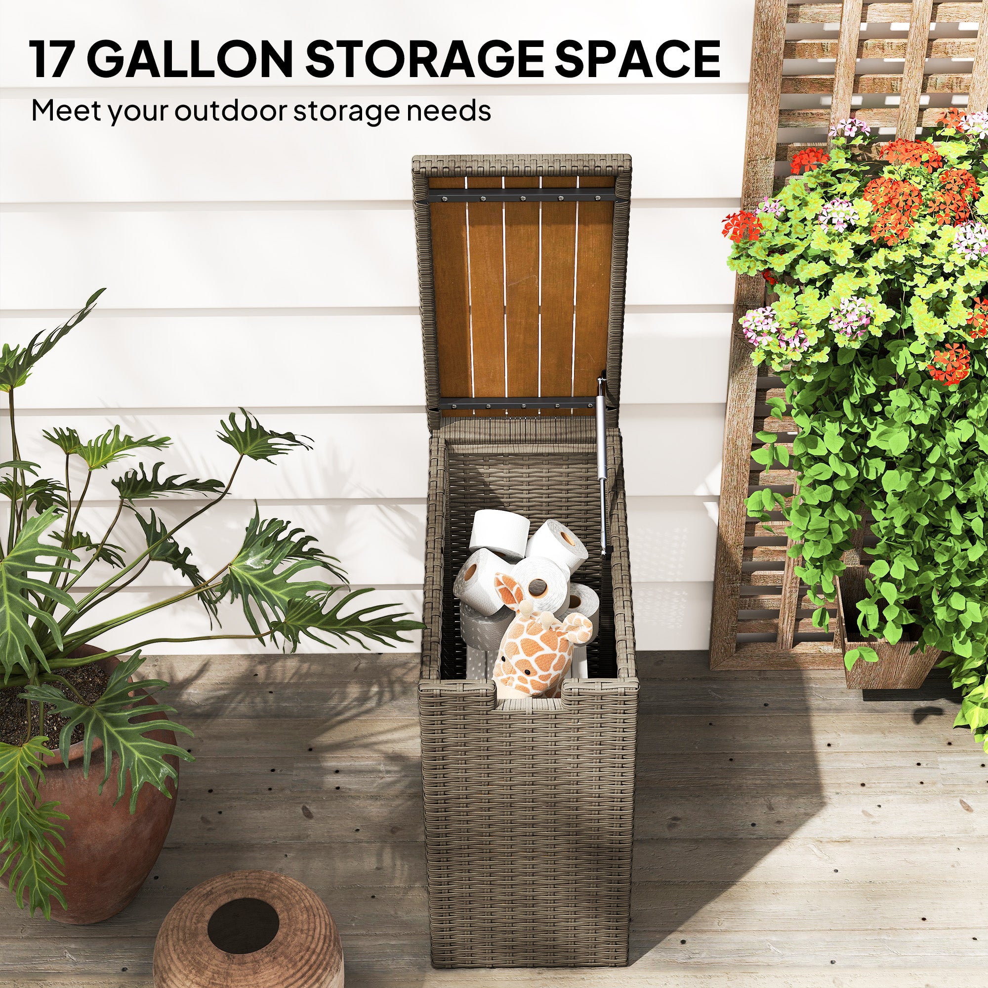 17-Gallon Small Deck Box, Wicker Outdoor Storage Box with Acacia Wood Top for Patio Cushions and Garden Tools, Teak - Teak - Image 4