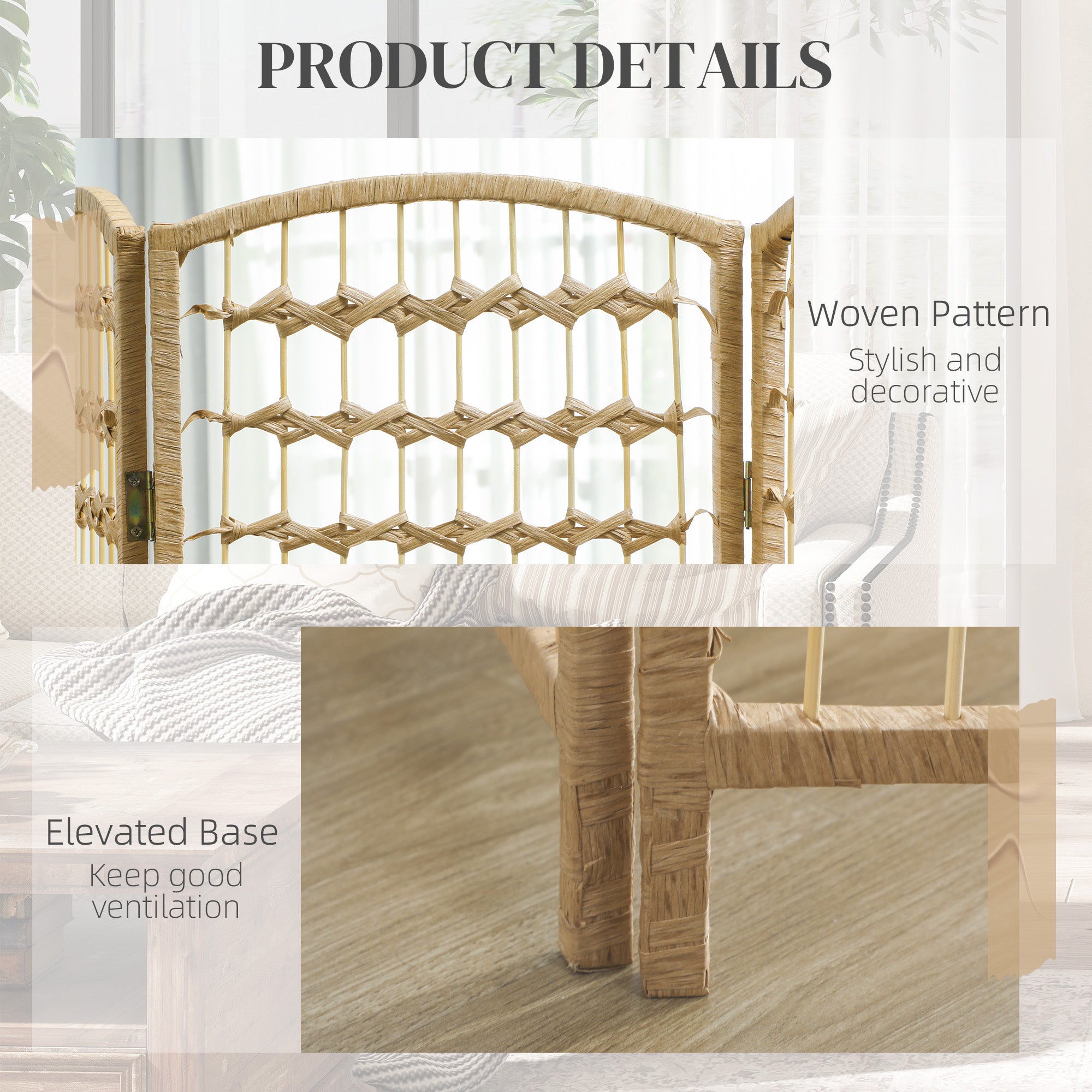 8 Panel Folding Room Divider Portable Privacy Screen Wave Fiber Room Partition for Home Office Natural