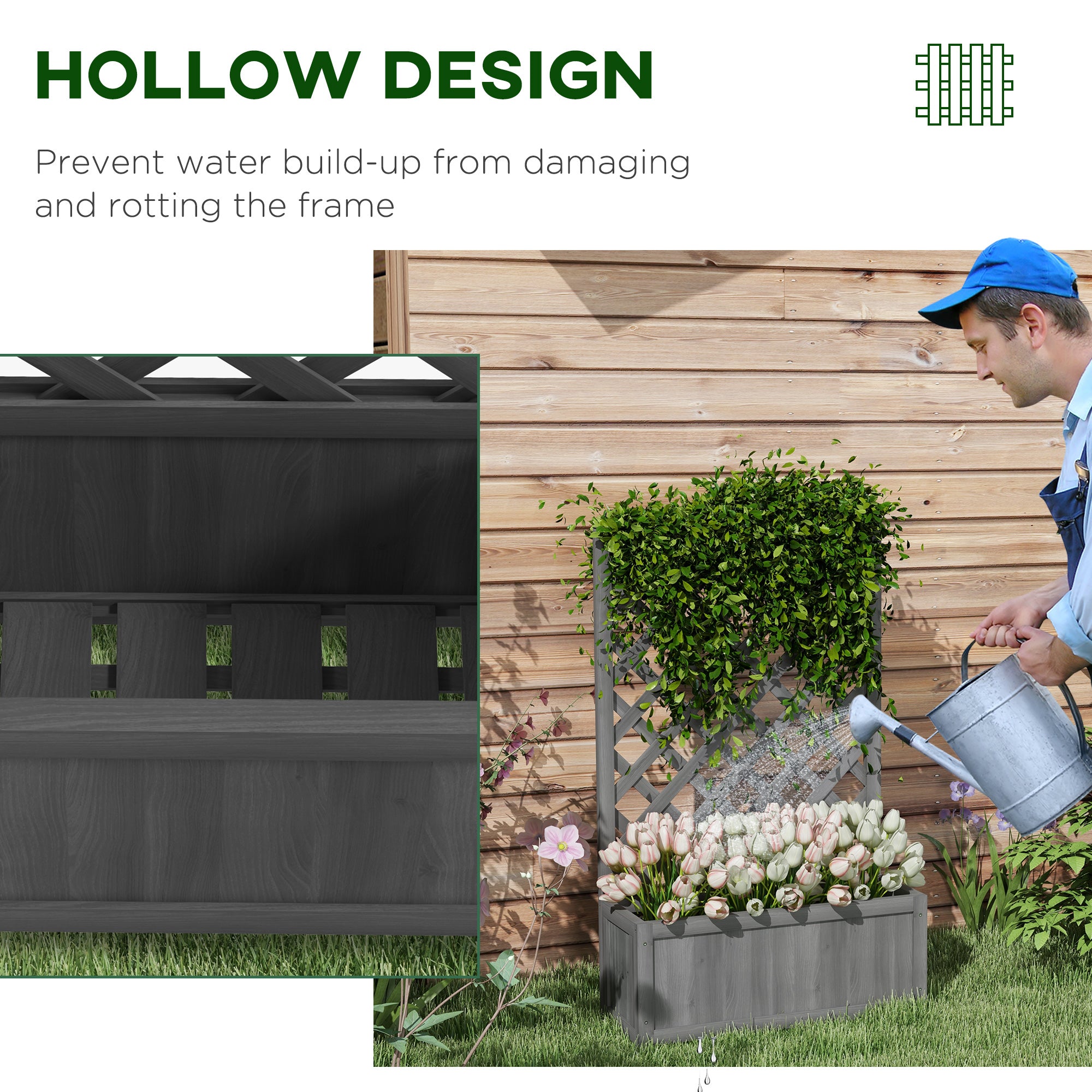 46" Wooden Planter with Trellis, Raised Garden Bed to Grow Vegetables, Herbs, Flowers for Backyard, Patio, Gray - Gray - Image 6