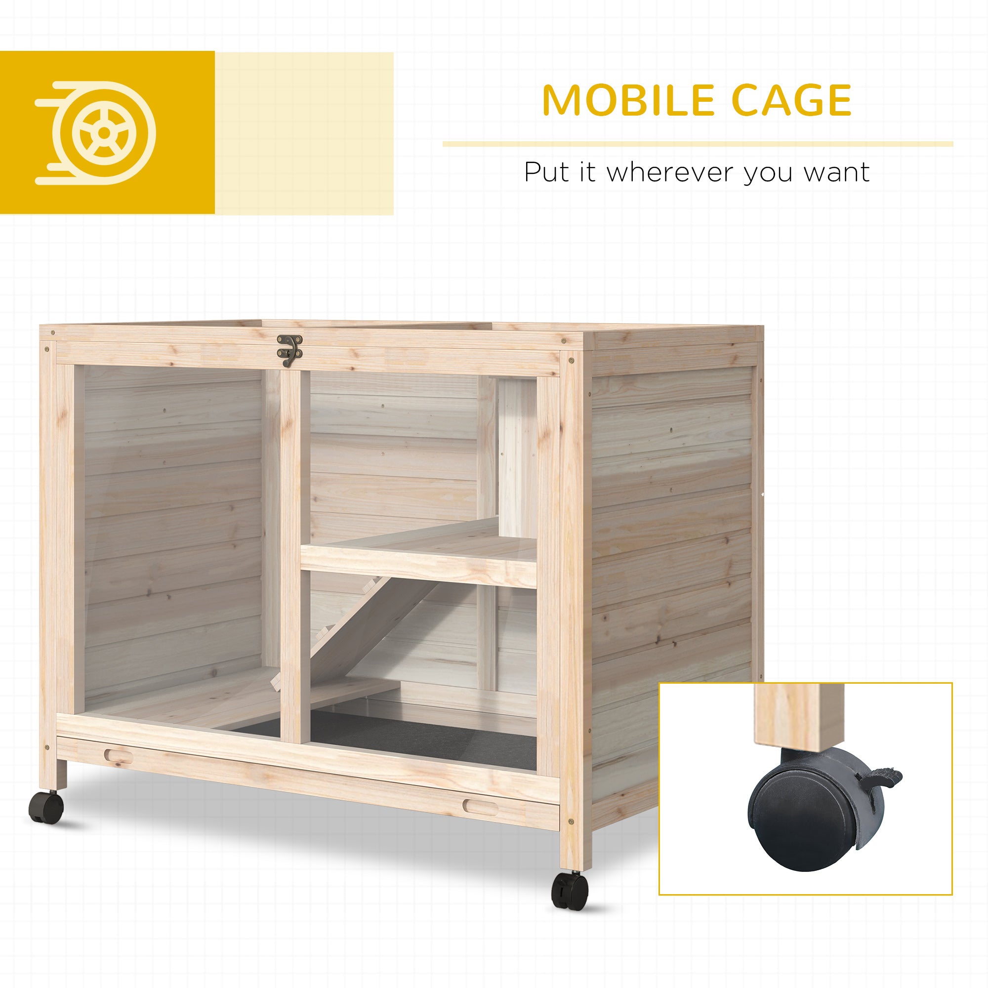 Rabbit Hutch with Wheels, Desk and Side Table Sized, Wooden Rabbit Cage, Waterproof Small Bunny Cage with Removable Tray, Openable Roof, for Rabbits, Chickens, Ducks, Indoor/Outdoor, Natural - Natural Wood - Image 6