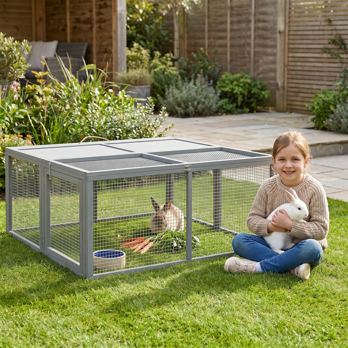 Wooden Folding Rabbit Hutch, for 2-3 Rabbits - Gray