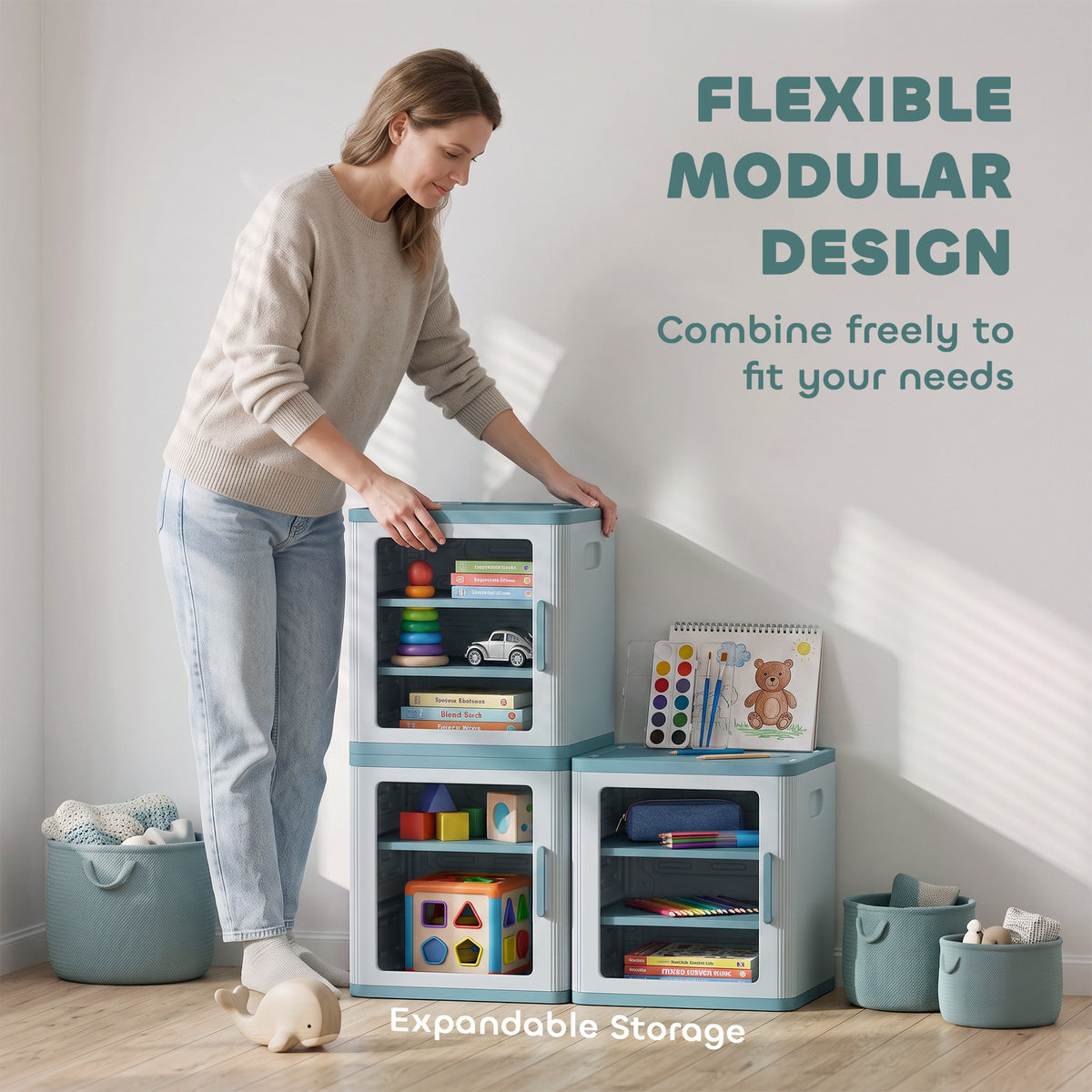 Toy Storage Organizer, 3 Tier Adjustable Toy Storage Cabinet Dustproof HDPE Plastic, Transparent Door, Light Blue