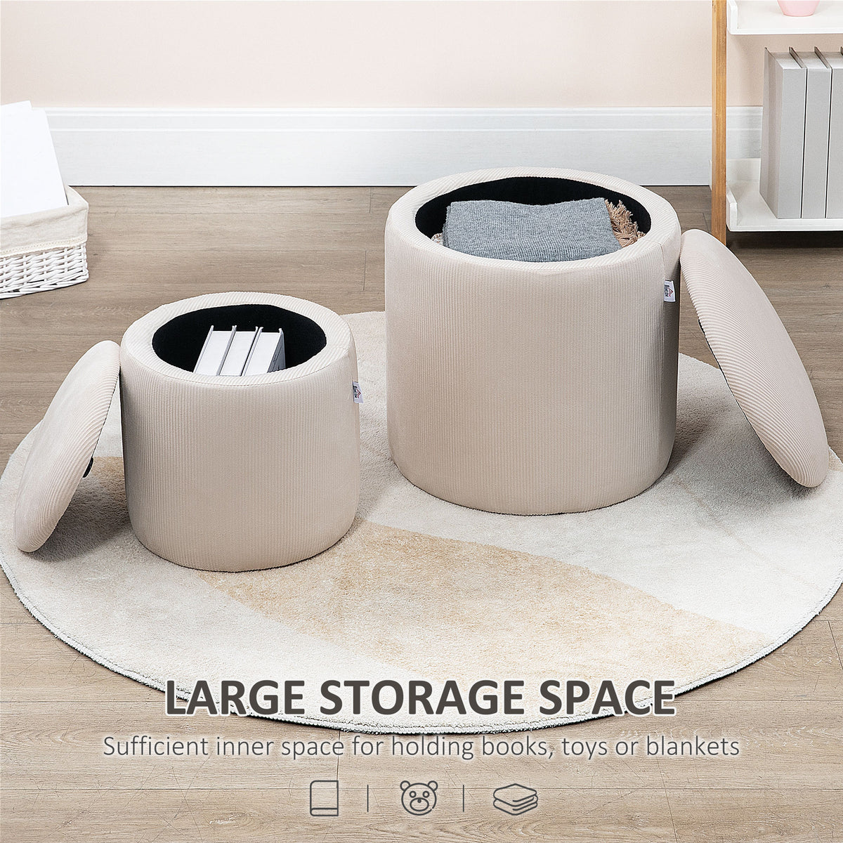 Corduroy Stool, Ottoman with Storage Set of 2, Removable Wood Lid, Hidden Space, Cream White