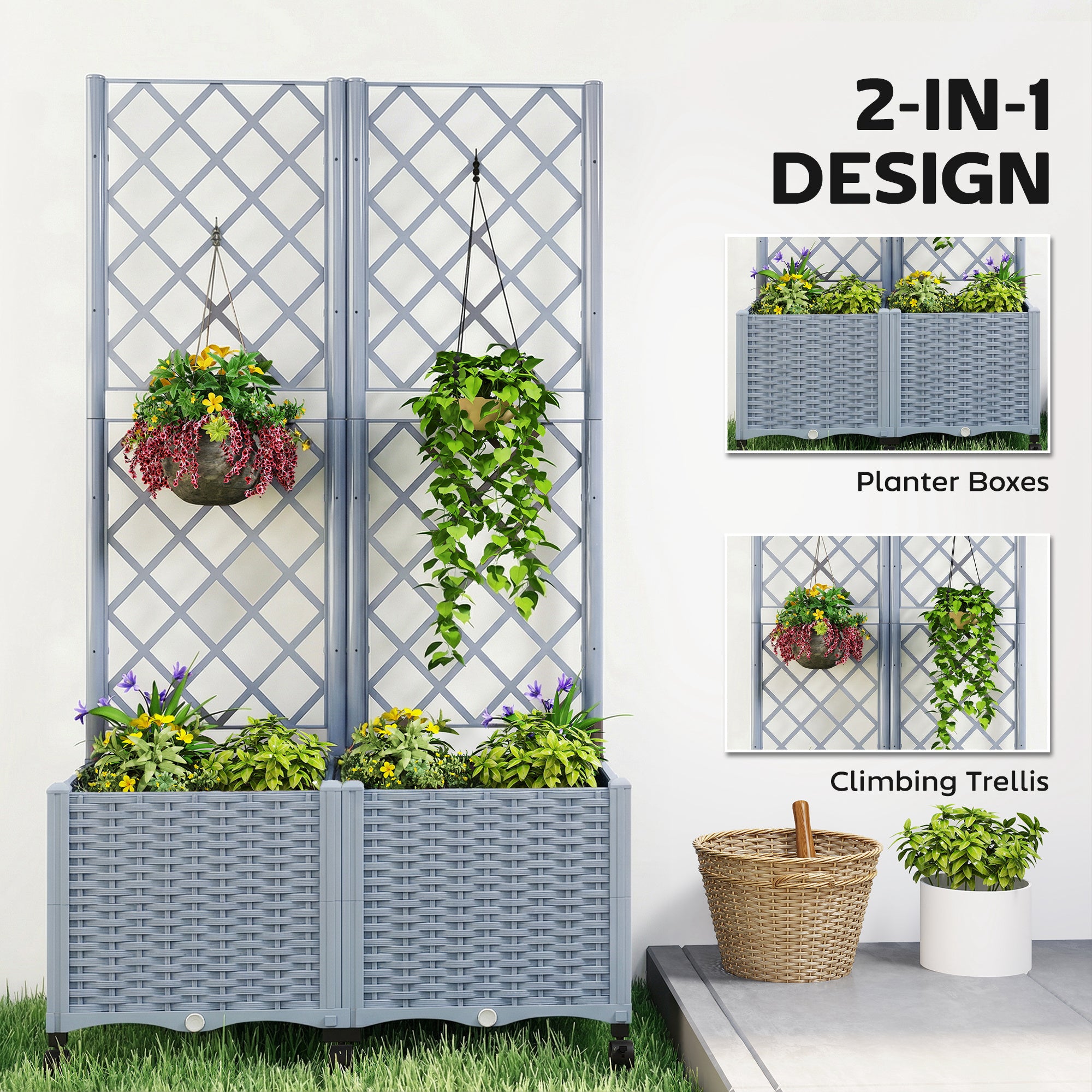 Planter Box with Trellis, Self Watering Raised Garden Bed with Lockable Wheels and Drainage Holes, Gray - Gray - Image 4