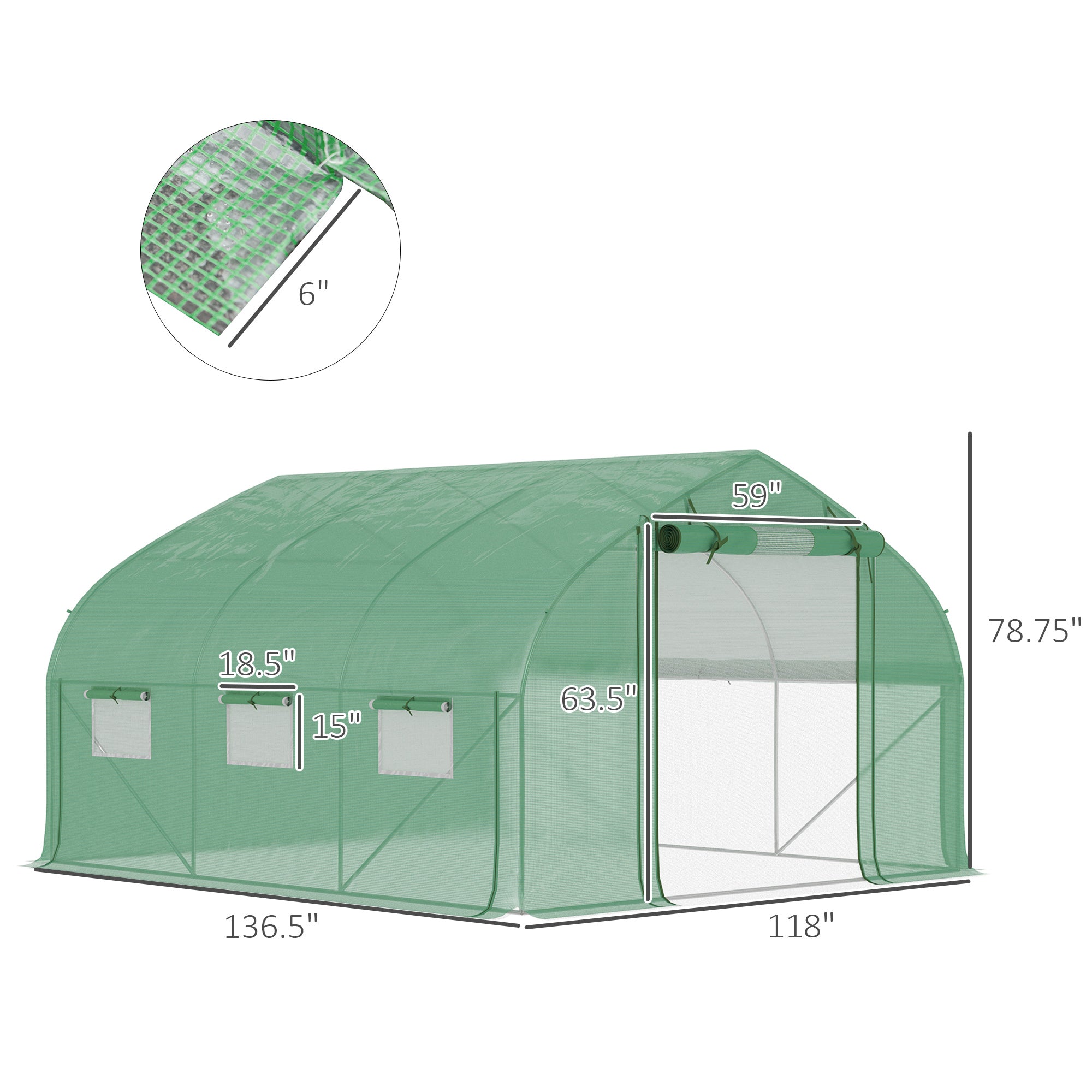 11.5' x 10' x 6.5' Walk-in Tunnel Greenhouse, Green House with Zippered Mesh Door, 7 Mesh Windows & Roll-up Sidewalls, Upgraded Gardening Plant Hot House with Galvanized Steel Hoops, Green - Green - Image 3