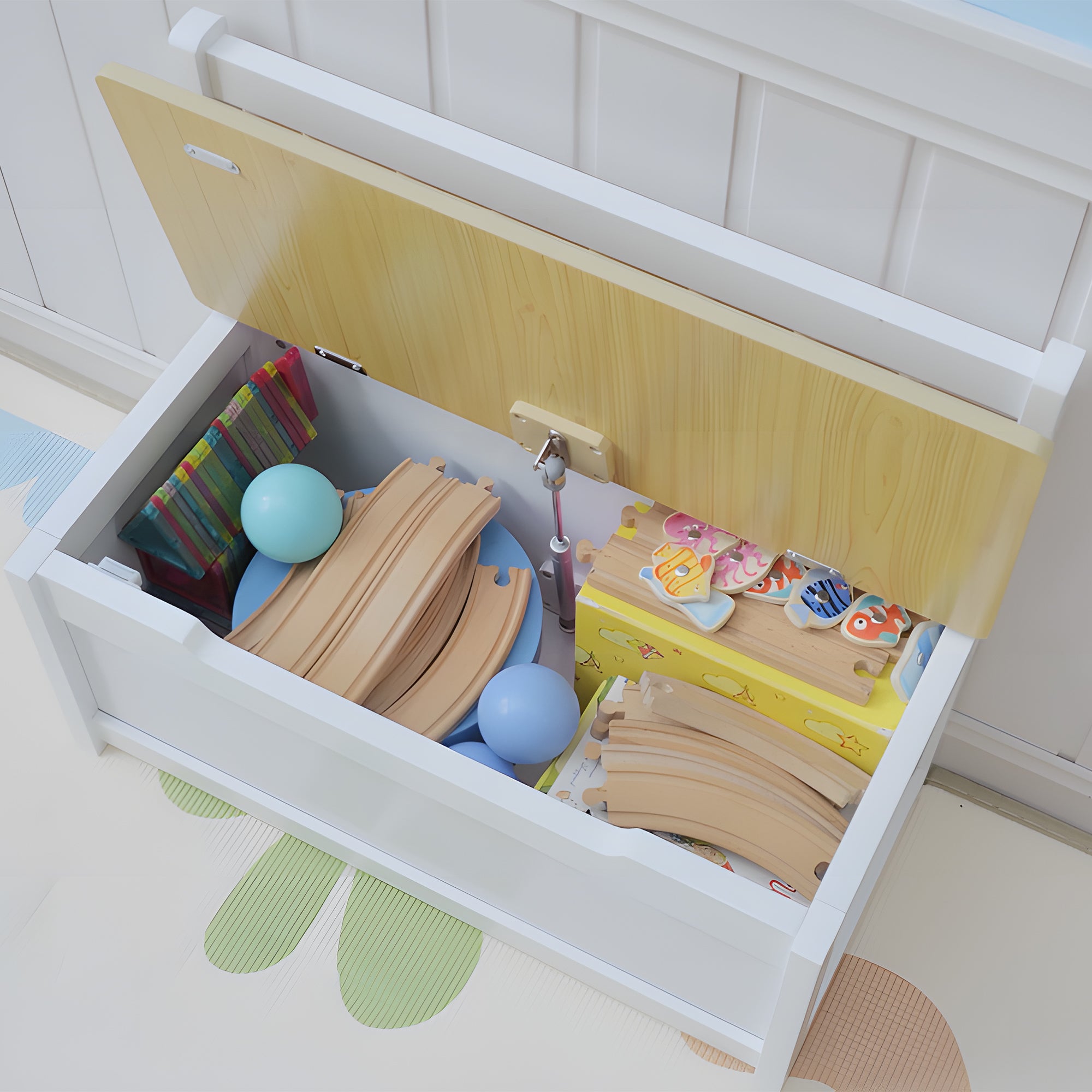 2-in-1 Kids Wooden Toy Organizer Chest Storage Box with Seat Bench Cabinet Chunk Cube with Safety Pneumatic Rod White