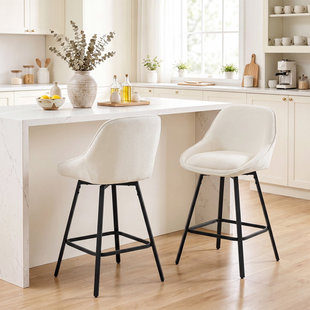 Bar Stools Modern Chenille 360° Swivel Barstools Counter Height Backrest Footrest Set 2, Cream White