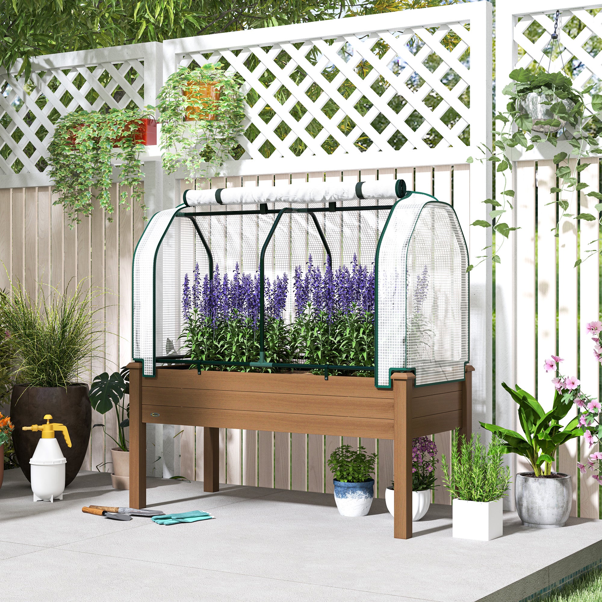 Raised Garden Bed with PE Greenhouse Cover Outdoor Planter Box for Herbs and Vegetables, 48 x 22 x 46 inch, Brown - Brown - Image 2