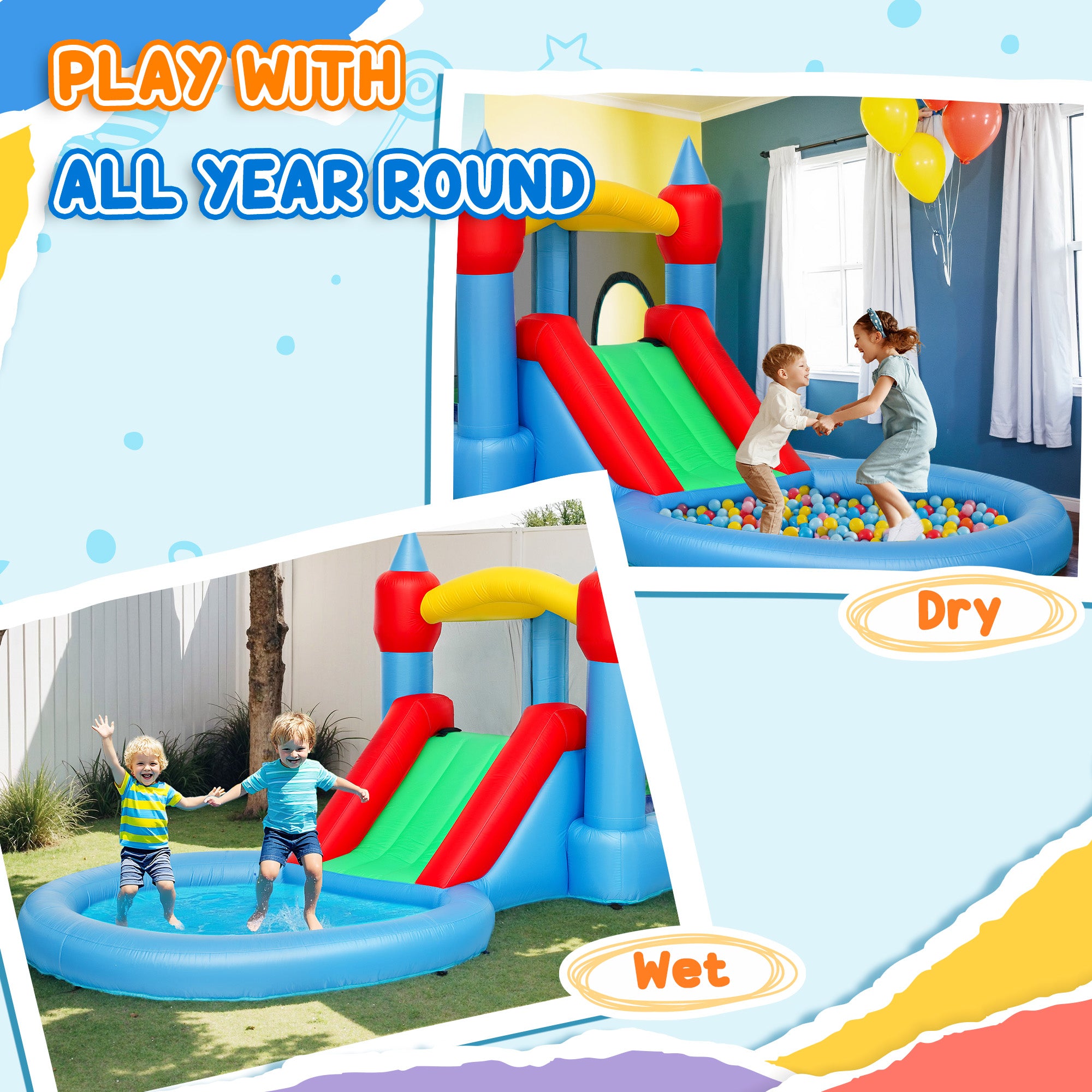 4 in 1 Inflatable Bounce House with Slide, Basketball Hoop, Ball Pit, 370W Blower, Storage Bag, 163" x 81" x 75"