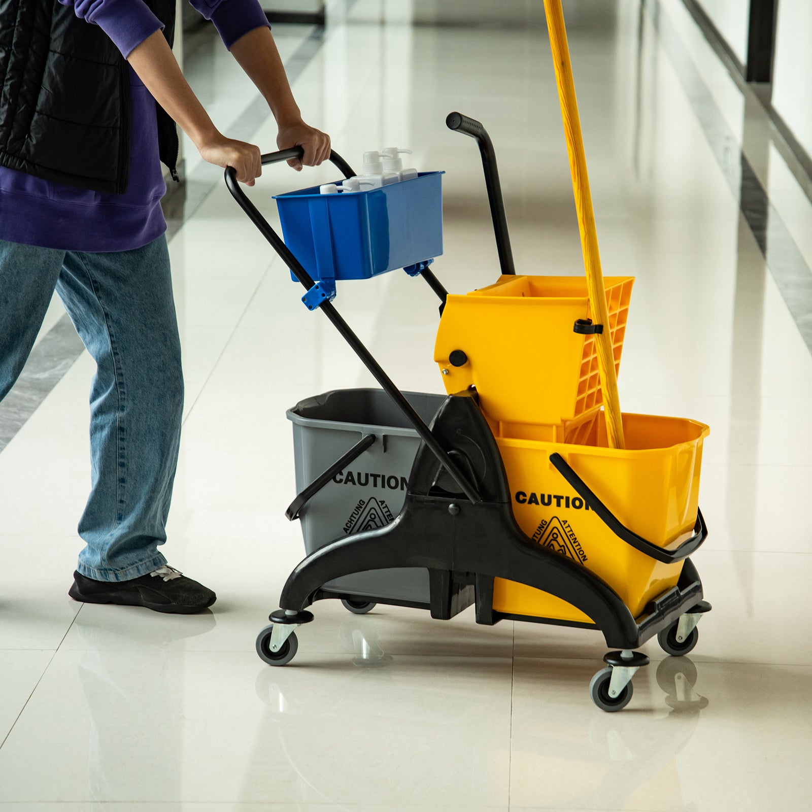 2 x 6.9 Gallon Mop Water Bucket Wringer Cart with Easy to Use Side Press Wringer, Smooth Wheels, Mop-Handle Holder