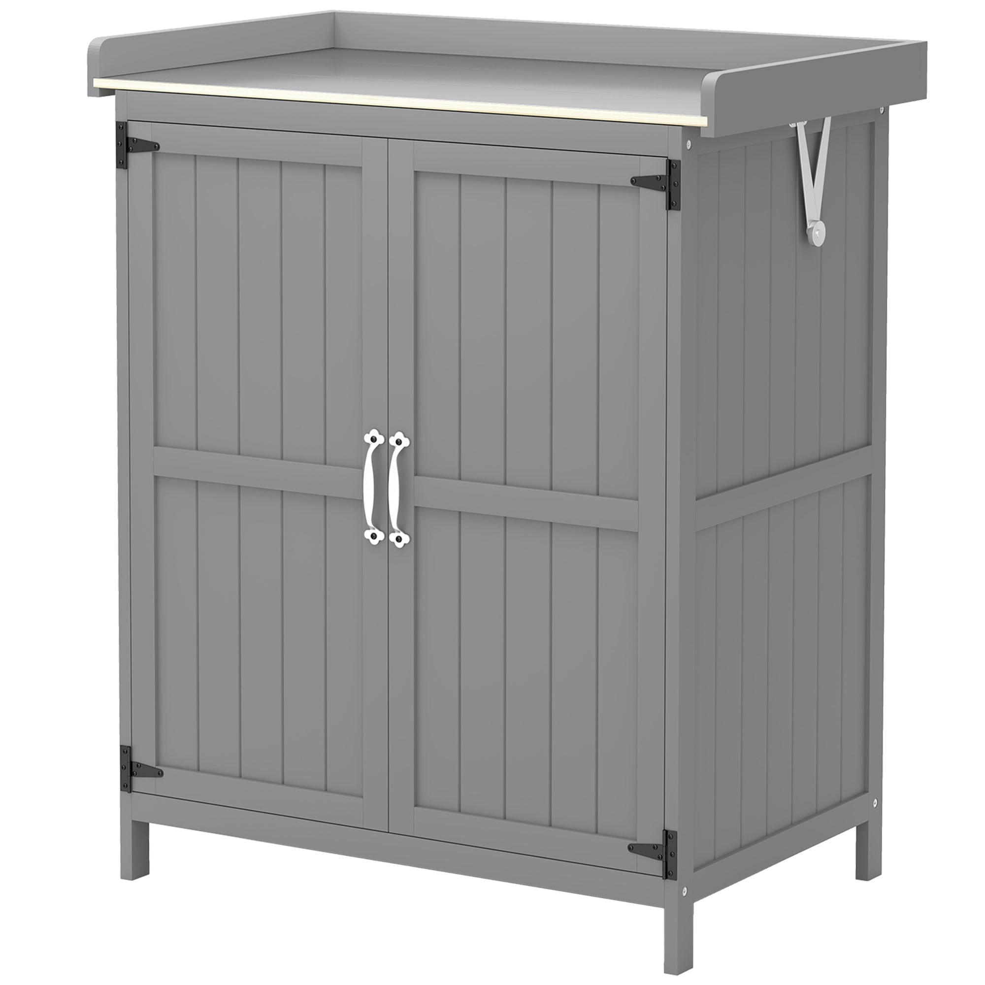 Outdoor Storage Cabinet, Garden Tool Shed with Metal Tabletop and Shelf, Wooden Potting Bench with 2 Doors, Gray - Gray