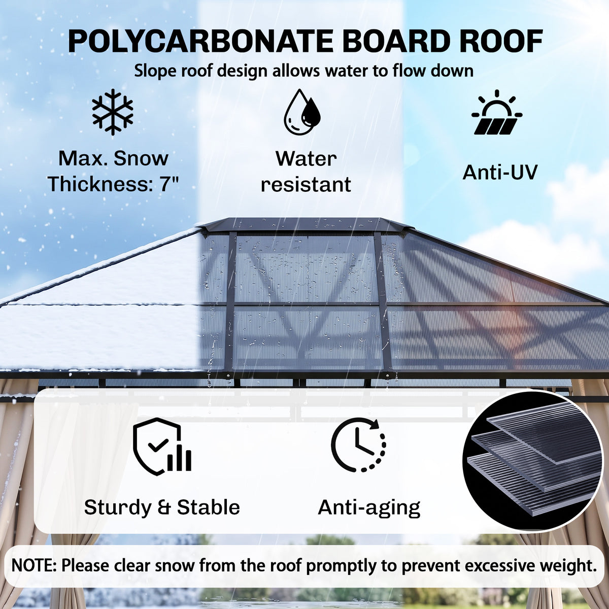 10' x 12' Hardtop Gazebo Canopy with Polycarbonate Roof, Aluminum Frame, Permanent Pavilion Outdoor Gazebo with Curtains for Patio, Garden, Backyard, Deck, Lawn, Dark Brown, Off-White