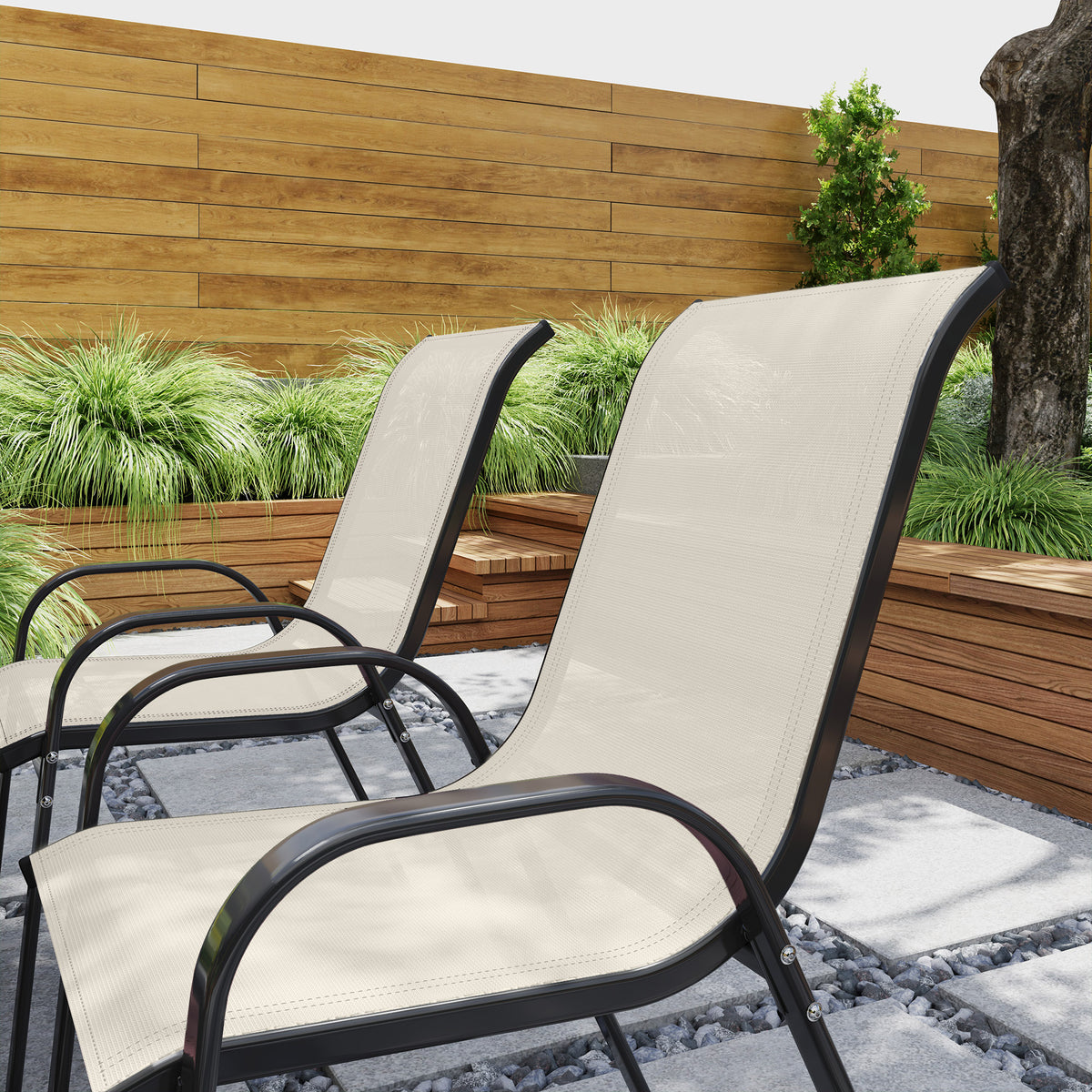 Set of 4 Outdoor Dining Chairs, Stackable Patio Chairs with High Back, Breathable Mesh Seat for Garden Lawn, Beige