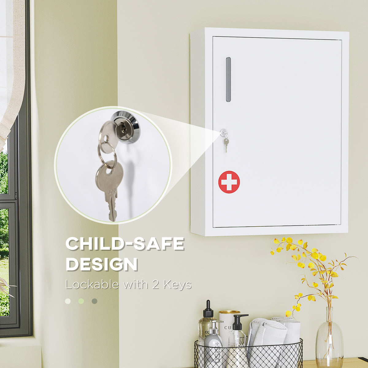 Bathroom Medicine Cabinet with Shelves Inside & On Door, Locking Medical Cabinet, First Aid Bathroom Wall Cabinet White