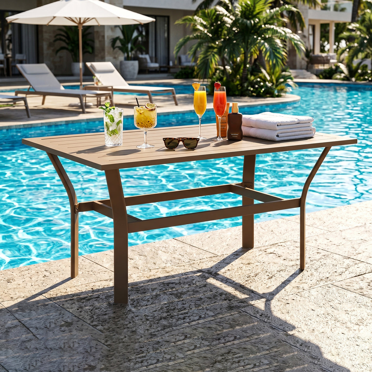 Outdoor Coffee Table with Slatted Tabletop, All-Weather Rectangle Metal Patio Coffee Table for Garden, Brown