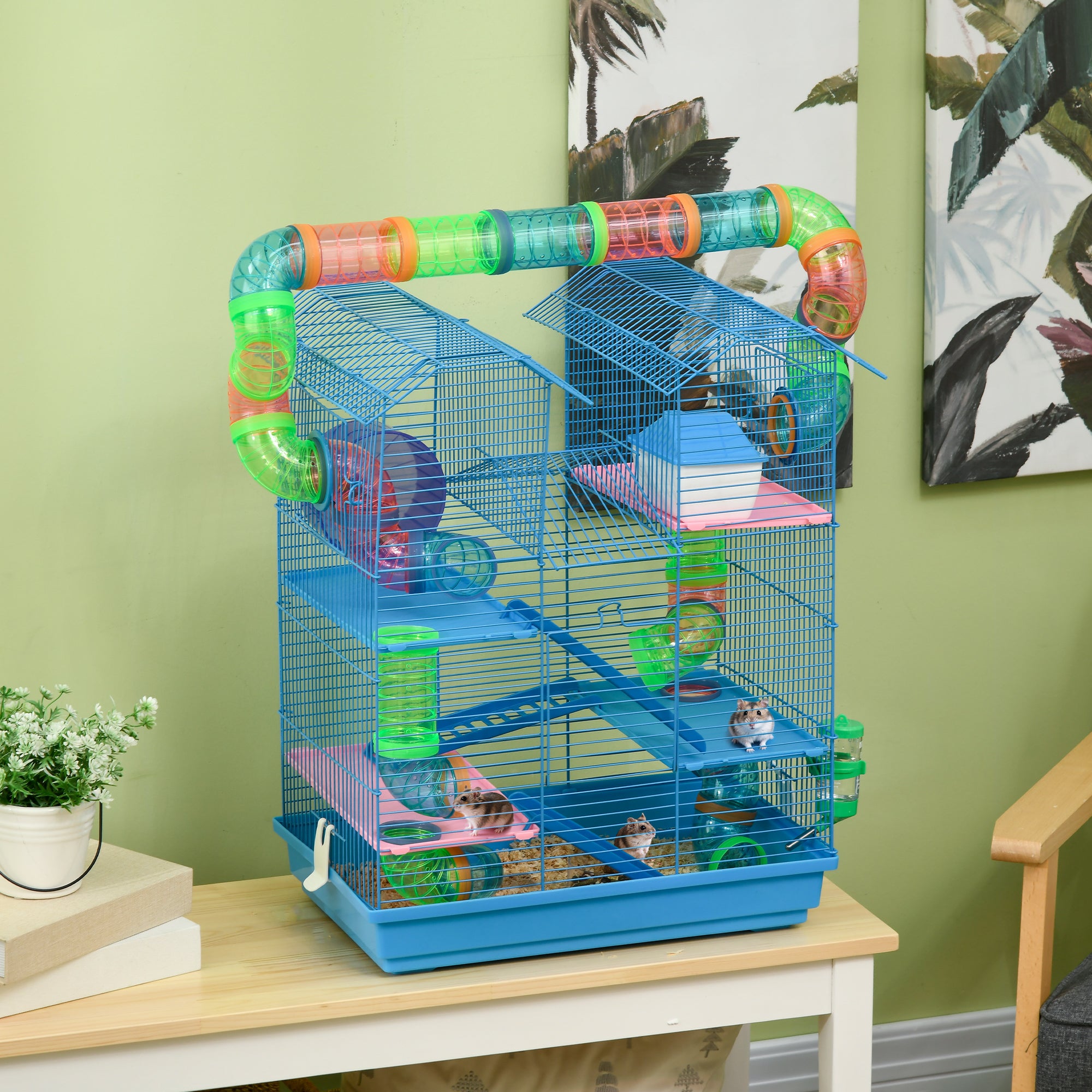 18.5" 5 Tier Hamster Cage with Tubes and Tunnels, Small Animal Cage, Rat Gerbil Cage with Water Bottle, Food Dish, Exercise Wheel, Blue - Sky Blue - Image 2